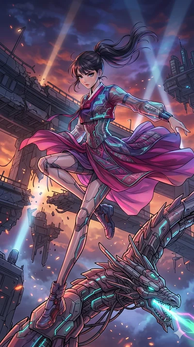 score_9, masterpiece, best quality, ultra-detailed, high-budget anime movie keyframe, cinematic anime lighting, intricate line art, Japanese woman. Low angle medium shot capturing a powerful motion and statuesque presence. leaping from a crumbling br