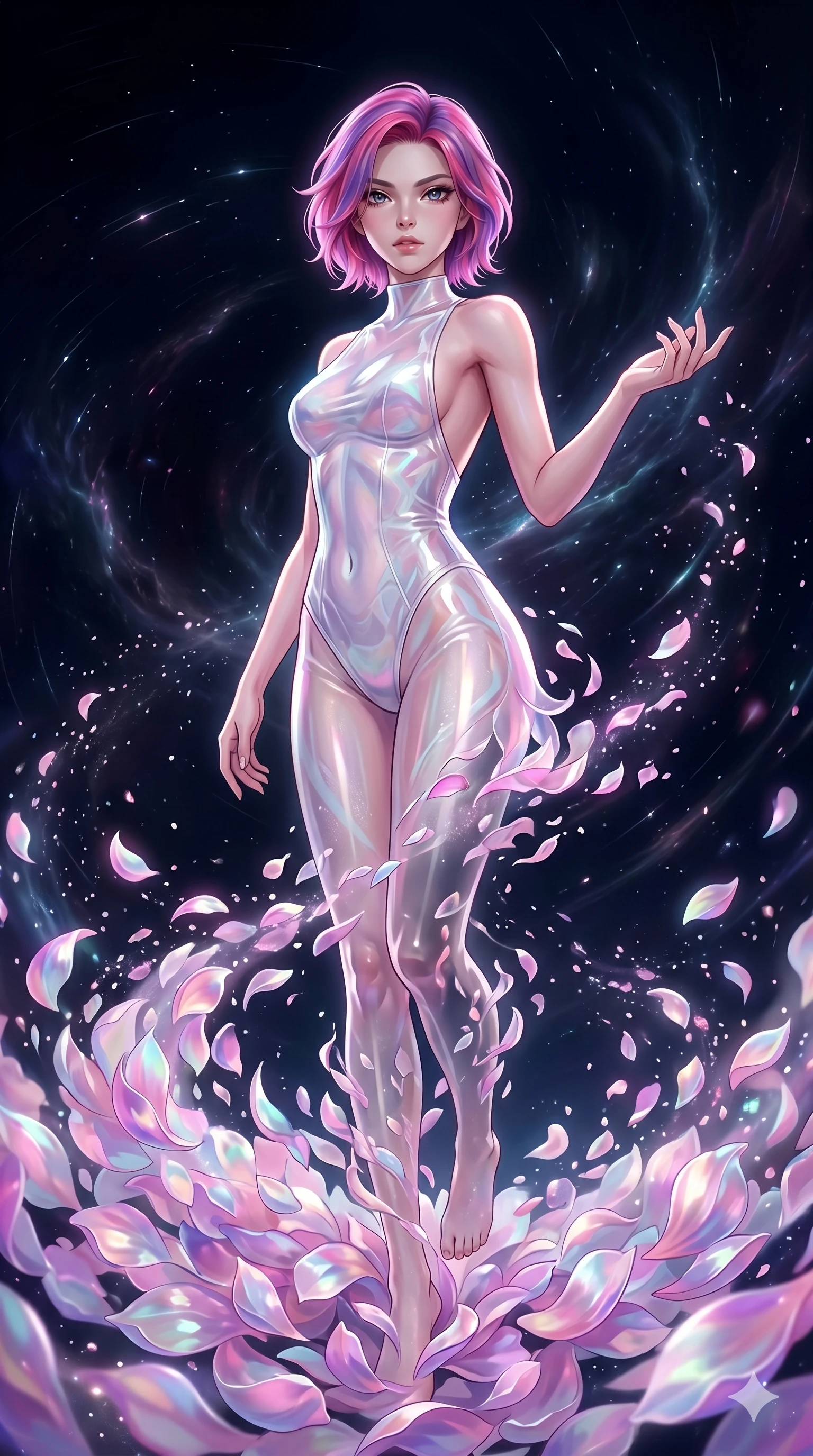 score_9, masterpiece, best quality, ultra-detailed, High-budget Anime Keyframe, East Asian woman. Low angle cowboy shot filling the entire 9:16 frame with her statuesque presence. Scenario 251: Dissolving into a cloud of iridescent silk petals in a void. Her presence is magnetic and overpowering in this high-budget anime scene. Outfit 251: A translucent PVC dangerous with a backless design and tight-fitting silhouette. The clothing is designed to emphasize her exceptionally tall and slender 8-heads proportion. 8-heads proportion, towering silhouette, ultra-slim waist. sharp v-shaped jawline, intricate jewel-like eyes with depth, thick eyelashes, glossy lips. 2k, ultra detail, master piece, 9:16 ratio
