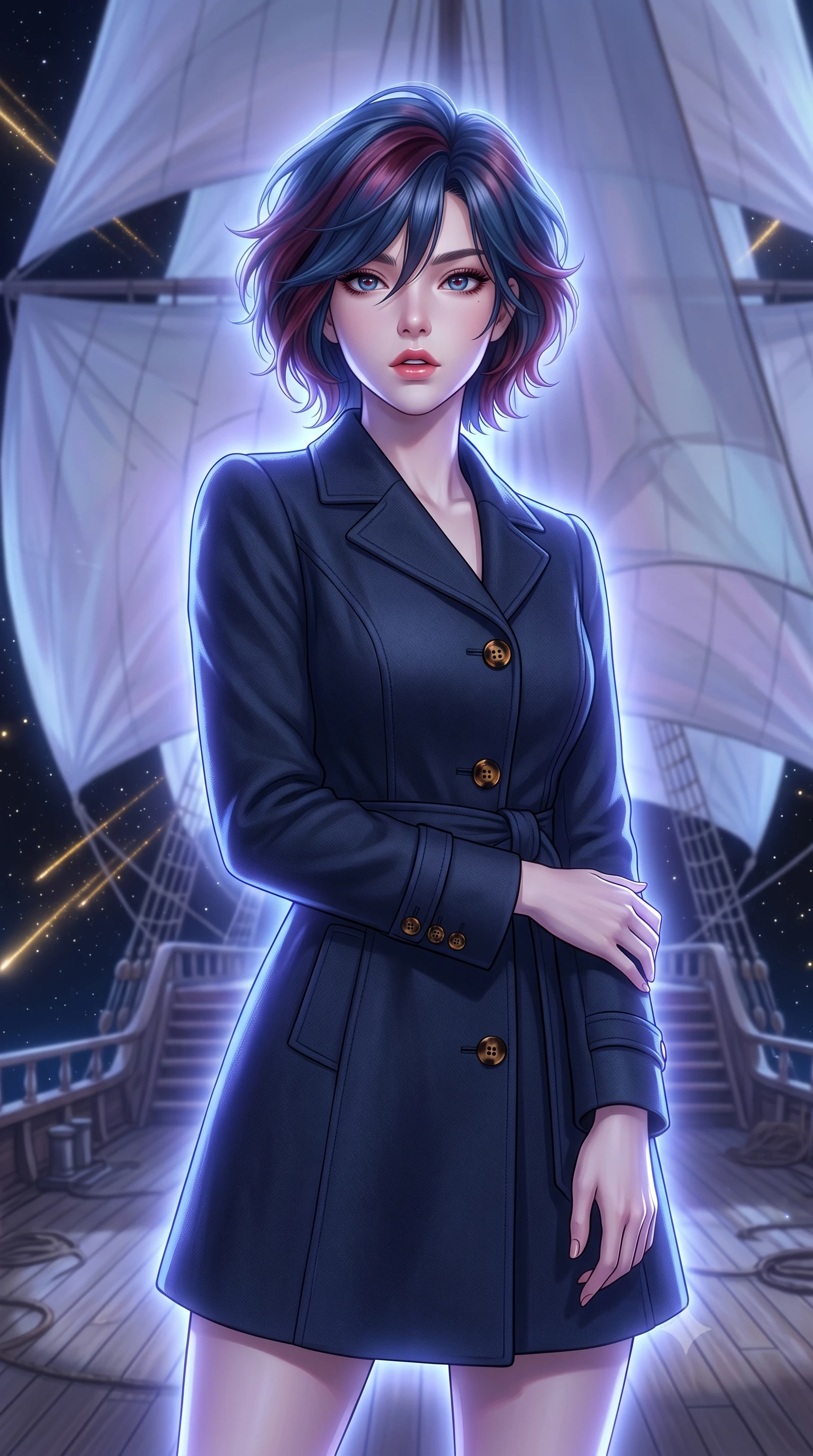 score_9, masterpiece, best quality, ultra-detailed, high-budget anime keyframe, editorial fashion photography, tasteful artistic composition, Korean woman. close-up cowboy shot from the waist and thighs up, the character dominates the composition, filling the frame with her large presence, background elements kept in soft focus. Looking directly at the camera with a bold fearless expression and parted lips. set against a soft-focus background of the deck of a magnificent interstellar sailing vessel with enormous gossamer light-sails billowing with stellar wind cosmic rays visible as golden streaks against the star-filled void beyond the railings. She has an exceptionally elegant and slender, willowy female figure with an ultra-slim waist, a gracefully sculpted slender torso, and a refined slim physique. sharp v-shaped jawline, high-bridge nose, intricate jewel-like eyes with depth, thick eyelashes, glossy lips with a natural sheen. wearing a sophisticated navy wool coat dress with tortoiseshell buttons and a tailored fabric belt. cool ethereal blue-violet bioluminescent glow wrapping around her from all sides. 2k, ultra detail, master piece, 9:16 ratio