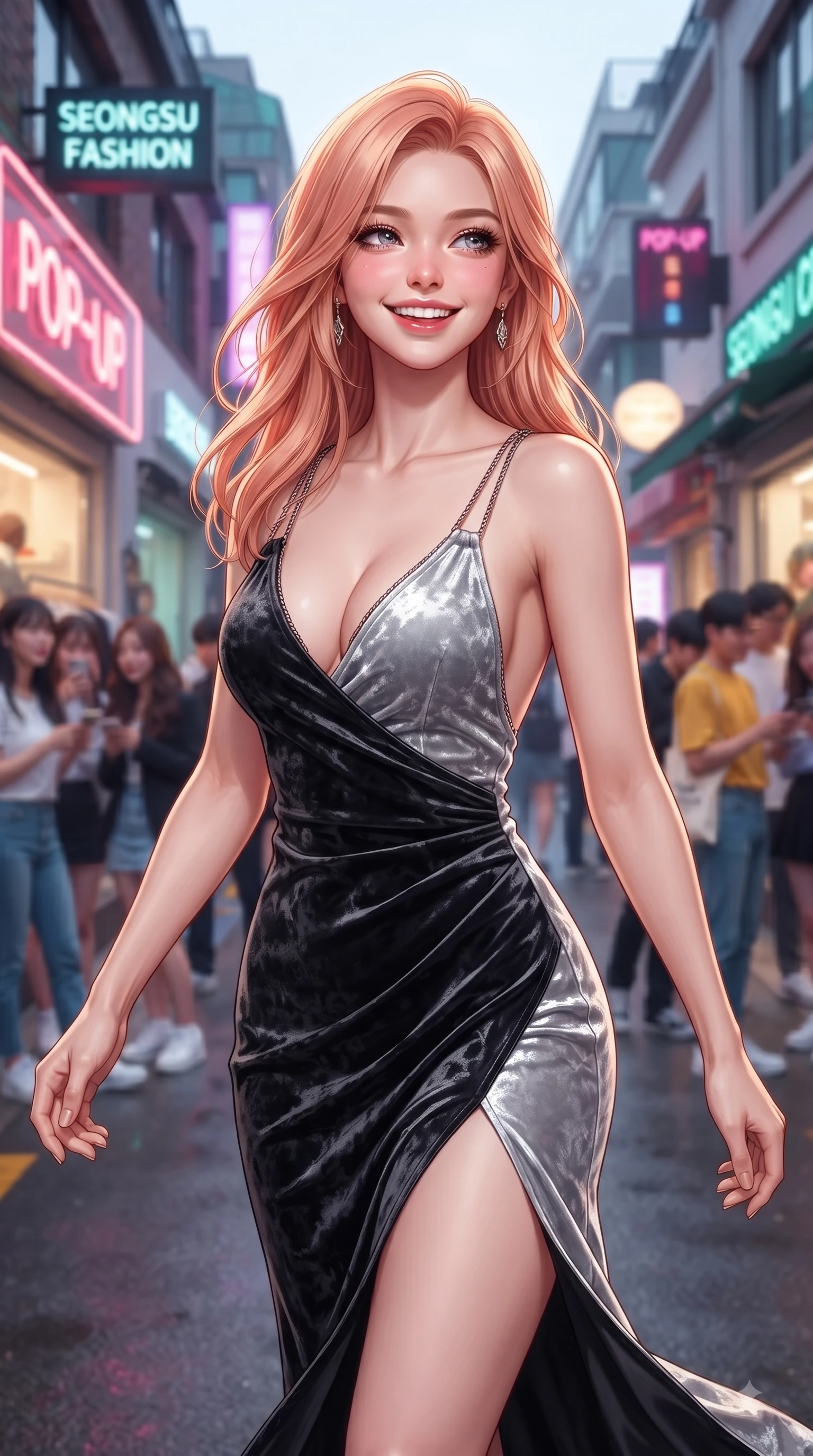 score_9, masterpiece, best quality, ultra-detailed, high-budget anime keyframe, editorial fashion photography, tasteful artistic composition, Japanese woman. close-up cowboy shot from the waist and thighs up, the character dominates the composition, filling the frame with her large presence, background elements kept in soft focus. Radiant youthful grin reflecting college charm while casting a playful, joyful side-gaze with heavy lashes while walking dynamically down a vibrant Seongsu-dong alley lined with trendy fashion pop-up stores, young stylish crowds and chic architecture creating a lively college town atmosphere. She has an exceptionally elegant, slender, and willowy female figure with an ultra-slim waist, a gracefully sculpted slender torso, and a refined silhouette. sharp v-shaped jawline, high-bridge nose, intricate jewel-like eyes with depth, thick eyelashes, glossy lips with a natural sheen, flawlessly proportioned anatomical accuracy, natural body alignment, perfectly sculpted elegant limbs, clean dynamic posture without body distortion. wearing a backless crushed velvet gown with a deep V-neckline and high thigh slit in matte black and polished silver, crafted from lustrous satin jersey with fluid draping, adorned with delicate metallic chain straps along the neckline, the tailored fabric tightly following every curve of her athletic build. illuminated by vibrant neon shop signs and crisp clear afternoon key light. ultra-reflective glossy finish, specular highlights, metallic sheen, high-contrast stereoscopic depth, volumetric dynamic lighting, 2k, ultra detail, master piece, 9:16 ratio