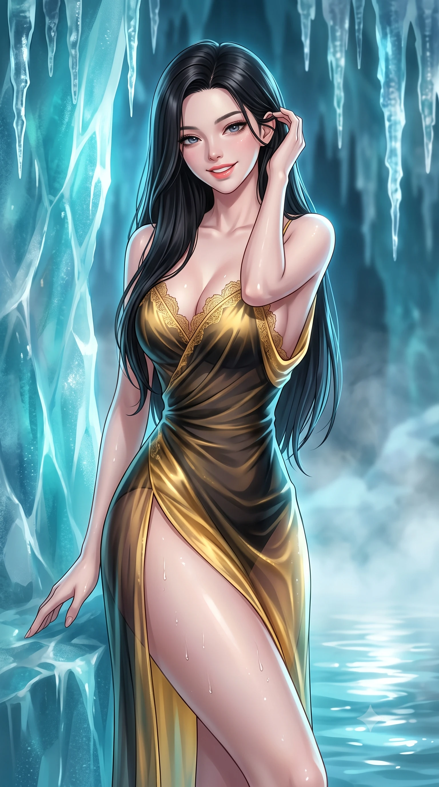 score_9, masterpiece, best quality, ultra-detailed, high-budget anime keyframe, editorial fashion photography, tasteful artistic composition, Korean woman. close-up cowboy shot from the waist and thighs up, the character dominates the composition, filling the frame with her large presence. gently brushing a lock of hair behind her ear while casting a playful, flirtatious side-gaze with long eyelashes while leaning against the translucent turquoise ice wall with hips cocked back, looking through suspended icicles into the glowing blue ice depths with heavy-lidded bedroom-eyes. The background shows a soft-focus rising thermal mist softened in sub-glacial private thermal sanctuary shallow focus. She has an exceptionally elegant, slender, and willowy female figure with an ultra-slim waist, flat toned midriff, narrow ribcage, and sculpted feminine hips creating an alluring, slim hourglass silhouette without bulk. sharp v-shaped jawline, high-bridge nose, intricate jewel-like sparkling eyes with depth, thick eyelashes, glossy parted lips with a natural peach sheen, bright cheerful beaming smile with an enchanting and coquettish sensual glint, exuding both youthful cute charm and seductive allure, flawlessly proportioned anatomical accuracy, strict slender model proportions, natural body alignment, perfectly sculpted long slender limbs, ultra-slim waistline, clean dynamic posture without body distortion. wearing a form-contouring gossamer silk chiffon slip dress with a hip-high slit and open cowl back clinging with dewy moisture in solar-flare gold and interstellar onyx, made of sheer gossamer chiffon that drapes softly against skin with airy translucence, finished with scalloped eyelash lace trim framing her sweetheart neckline with intimate elegance, the bespoke structured tailoring following the natural line of her 8.5-heads silhouette with refined elegance. illuminated by pool surface reflection bounce and sharp ice-blue rim lights sculpting her razor-sharp jawline, narrow waist, and curvy hips. ultra-reflective glossy finish, specular highlights, rich textural contrasts, high-contrast stereoscopic depth, volumetric dynamic lighting, 2k, ultra detail, master piece, 9:16 ratio