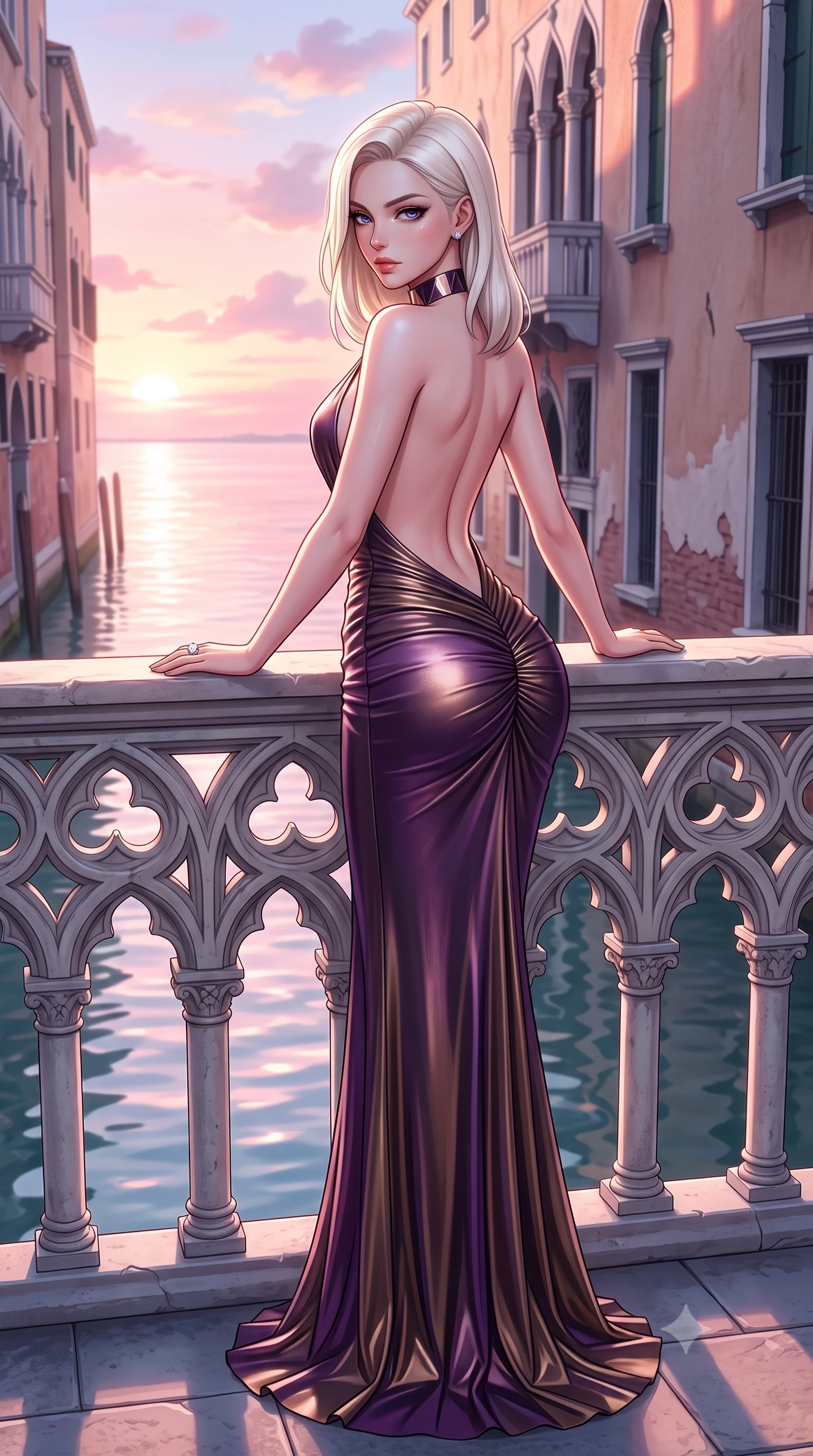 score_9, masterpiece, best quality, ultra-detailed, high-budget anime keyframe, semi-realistic 3D game render, editorial fashion photography, tasteful artistic composition, Caucasian woman. low angle full-body shot from head to toe showing her feet, filling the entire 9:16 vertical frame with her statuesque presence, stretching her vertical silhouette. posing with back turned slightly to the lens, glancing back with smoldering allure as she arches her lower back to emphasize her sculpted feminine hips and slender waist while leaning forward over the carved Istrian stone gothic balustrade, looking back with sleepy seductive morning eyes as sunrise tints the canal pastel pink. The surrounding environment is rendered in vivid detail and crisp panoramic clarity. sharp carved gothic cloverleaf stonework, canal water surface tension, and palazzo stucco texture in deep focus. She has an exceptionally tall and slender model-like 8.5-heads proportion, an ultra-slim waist, a flat toned midriff, narrow delicate ribcage, and beautifully sculpted feminine hips creating a graceful, slim hourglass silhouette without any bulky heaviness, with impossibly long slender legs. sharp v-shaped jawline, high-bridge nose, intricate jewel-like eyes with depth, thick eyelashes, glossy parted lips with a natural sheen, intensely captivating and seductive bedroom-eyes expression, flawlessly proportioned anatomical accuracy, strict slender model proportions, natural body alignment, perfectly sculpted long slender limbs, ultra-slim waistline, clean dynamic posture without body distortion. wearing a plunging halter-neck metallic lamé column dress with a dramatic bare spine and hip-defining ruching in deep plum violet and antique bronze, tailored from ultra-smooth duchess satin with a pearlescent sheen, complemented by a bold geometric choker and sparkling cocktail ring, the form-contouring material adhering flawlessly to her sculpted flat midriff and slender torso, emphasizing her long leg lines and perfectly proportioned willowy build. illuminated by soft specular water glints carving her razor-sharp jawline, narrow waist, and curvy hips. highly saturated vibrant anime colors, detailed shading with soft gradients, rich glossy textures, high-contrast stereoscopic depth, volumetric dynamic lighting, master piece, 9:16 ratio