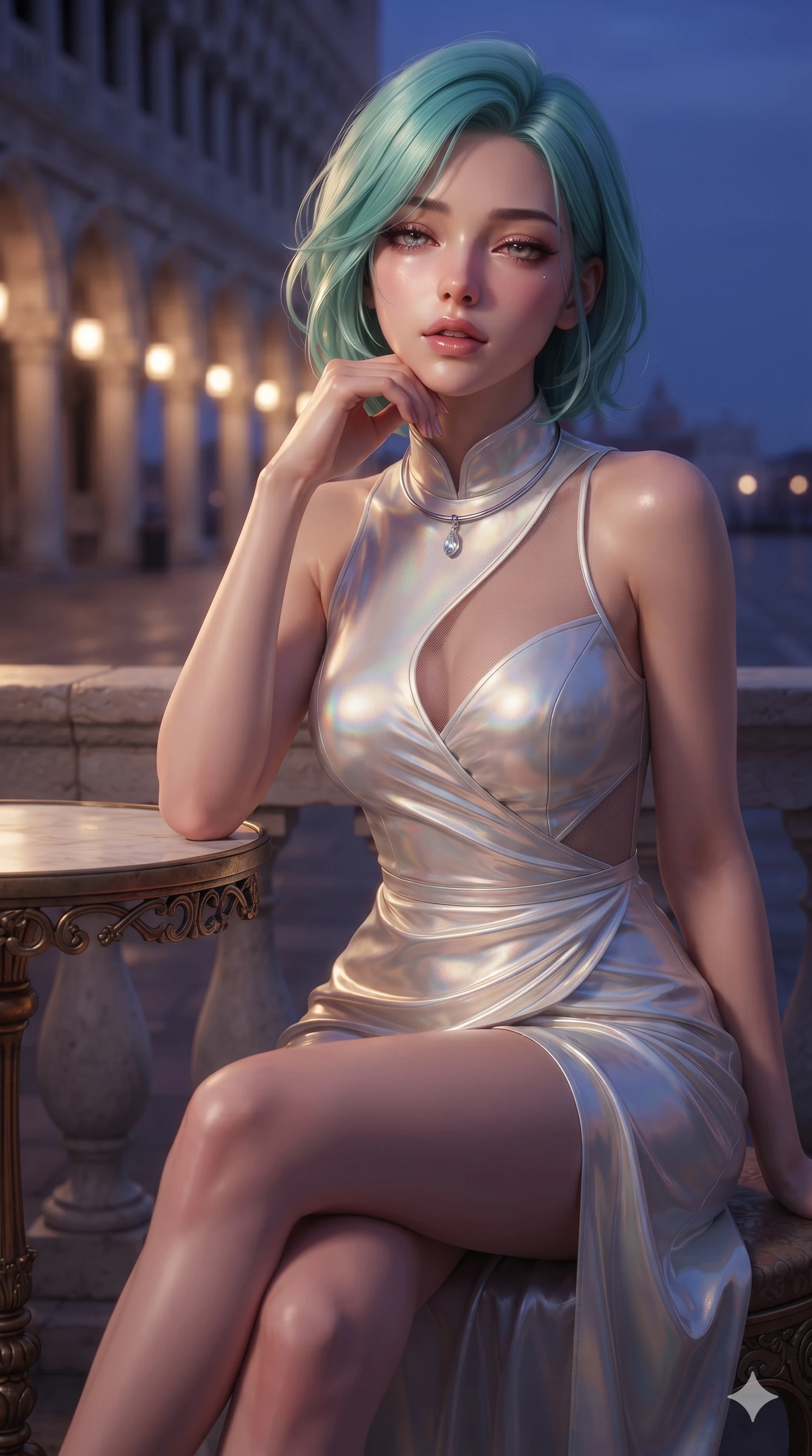 score_9, masterpiece, best quality, ultra-detailed, high-budget anime keyframe, editorial fashion photography, tasteful artistic composition, Japanese woman. close-up cowboy shot from the waist and thighs up, the character dominates the composition, filling the frame with her large presence. resting one elbow on the table and supporting her chin, leaning close to the camera with heavy-lidded sparkling eyes and parted lips while sitting poised on the classical stone balustrade with one knee bent, her wind-fluttered dress revealing a tantalizing glimpse of her long slender leg. The background shows a soft-focus Venetian evening sea-mist softened in grand piazza colonnade shallow focus. She has an exceptionally elegant, slender, and willowy female figure with an ultra-slim waist, flat toned midriff, narrow ribcage, and sculpted feminine hips creating an alluring, slim hourglass silhouette without bulk. sharp v-shaped jawline, high-bridge nose, intricate jewel-like sparkling eyes with depth, thick eyelashes, glossy parted lips with a natural sheen, intensely captivating and seductive bedroom-eyes expression, exuding both youthful cute charm and sovereign luxury allure, flawlessly proportioned anatomical accuracy, strict slender model proportions, natural body alignment, perfectly sculpted long slender limbs, ultra-slim waistline, clean dynamic posture without body distortion. wearing a wet-look silk fusion wrap dress with asymmetrical sheer mesh cutouts and high Mandarin collar in iridescent mother-of-pearl and liquid molten silver, crafted from luxurious metallic lamé that shifts radiance with every step, finished with a minimalist chrome choker and a single teardrop diamond pendant, the impeccably tailored cut draping gracefully along her slender figure with aristocratic poise. bathed in the romantic atmospheric contrast of warm 2500K lantern glow beneath the arches and deep indigo twilight outside. ultra-reflective glossy finish, specular highlights, rich textural contrasts, high-contrast stereoscopic depth, volumetric dynamic lighting, 2k, ultra detail, master piece, 9:16 ratio