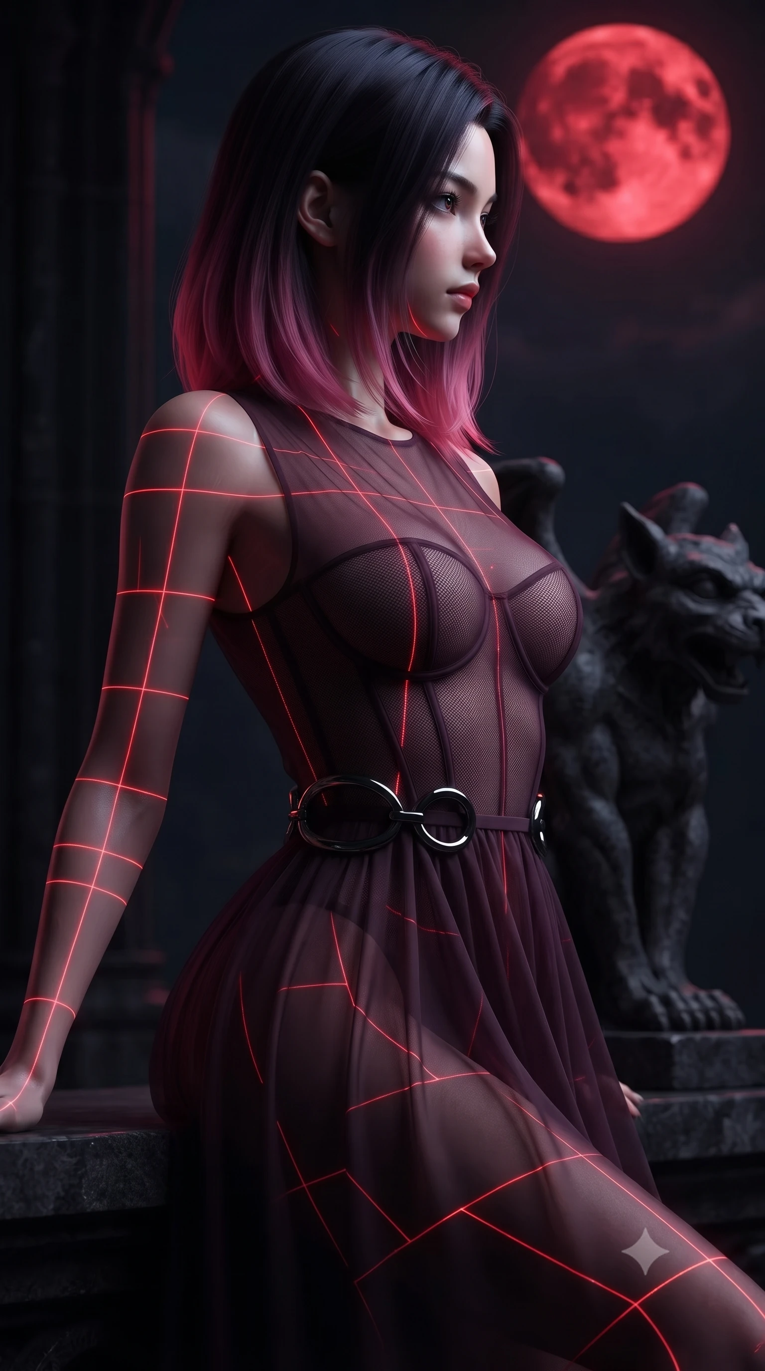score_9, masterpiece, best quality, ultra-detailed, high-budget anime keyframe, editorial fashion photography, tasteful artistic composition, Korean woman. close-up cowboy shot from the waist and thighs up, the character dominates the composition, filling the frame with her large presence, background elements kept in soft focus. Turning her face in sharp dramatic profile against the moody key light, resting against a carved black granite gothic gargoyle under a blood-red moon, glowing red laser grid lines casting geometric gothic patterns on her skin. She has an exceptionally elegant, slender, and willowy female figure with an ultra-slim waist, a gracefully sculpted slender torso, and a refined silhouette. sharp v-shaped jawline, high-bridge nose, intricate jewel-like eyes with depth, thick eyelashes, glossy lips with a natural sheen. wearing semi-opaque sheer dark chiffon gown revealing structured bodice silhouette in dark plum violet, made of fine dark contouring mesh, accented with sculpted obsidian chrome rings at the waist, accentuating her gracefully sculpted slender torso. illuminated by dramatic blood-crimson window light and deep obsidian shadows. ultra-reflective glossy finish, specular highlights, metallic sheen, high-contrast stereoscopic depth, volumetric dynamic lighting, 2k, ultra detail, master piece, 9:16 ratio