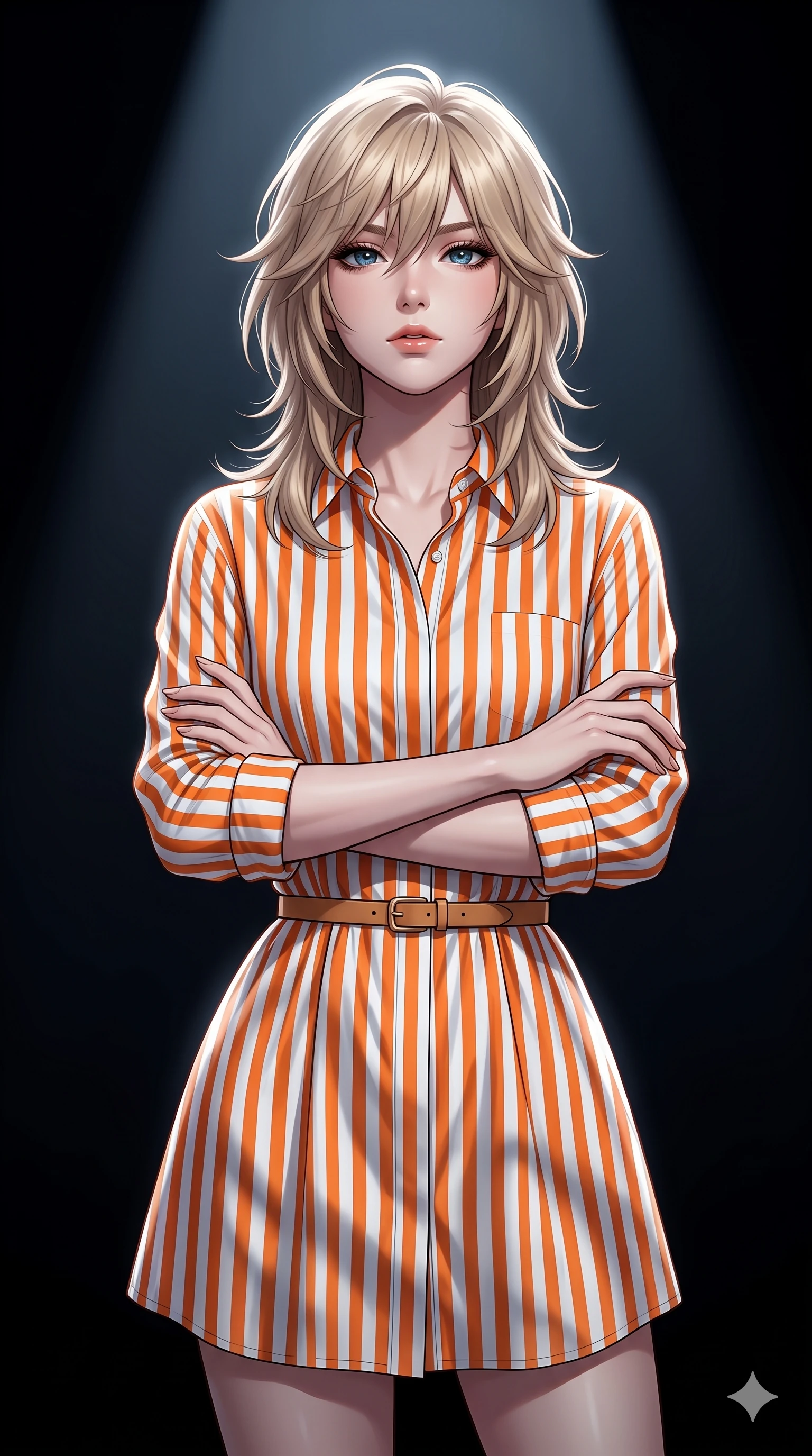 score_9, masterpiece, best quality, ultra-detailed, high-budget anime keyframe, editorial fashion photography, tasteful artistic composition, Japanese woman. close-up cowboy shot from the waist and thighs up, the character dominates the composition, filling the frame with her large presence, background elements kept in soft focus. Crossing her arms with serene confidence and chin slightly raised. set against a soft-focus background of a pure dramatic infinite black void with nothing but a single powerful cinematic spotlight creating a perfect cone of light and stark absolute contrast between illumination and total darkness. She has an exceptionally elegant and slender, willowy female figure with an ultra-slim waist, a gracefully sculpted slender torso, and a refined slim physique. sharp v-shaped jawline, high-bridge nose, intricate jewel-like eyes with depth, thick eyelashes, glossy lips with a natural sheen. wearing a crisp poplin shirt dress in vibrant orange and white vertical stripes, cinched at the waist with a tan leather belt. cold silver moonlight filtered through translucent gossamer curtains casting delicate shadows. 2k, ultra detail, master piece, 9:16 ratio