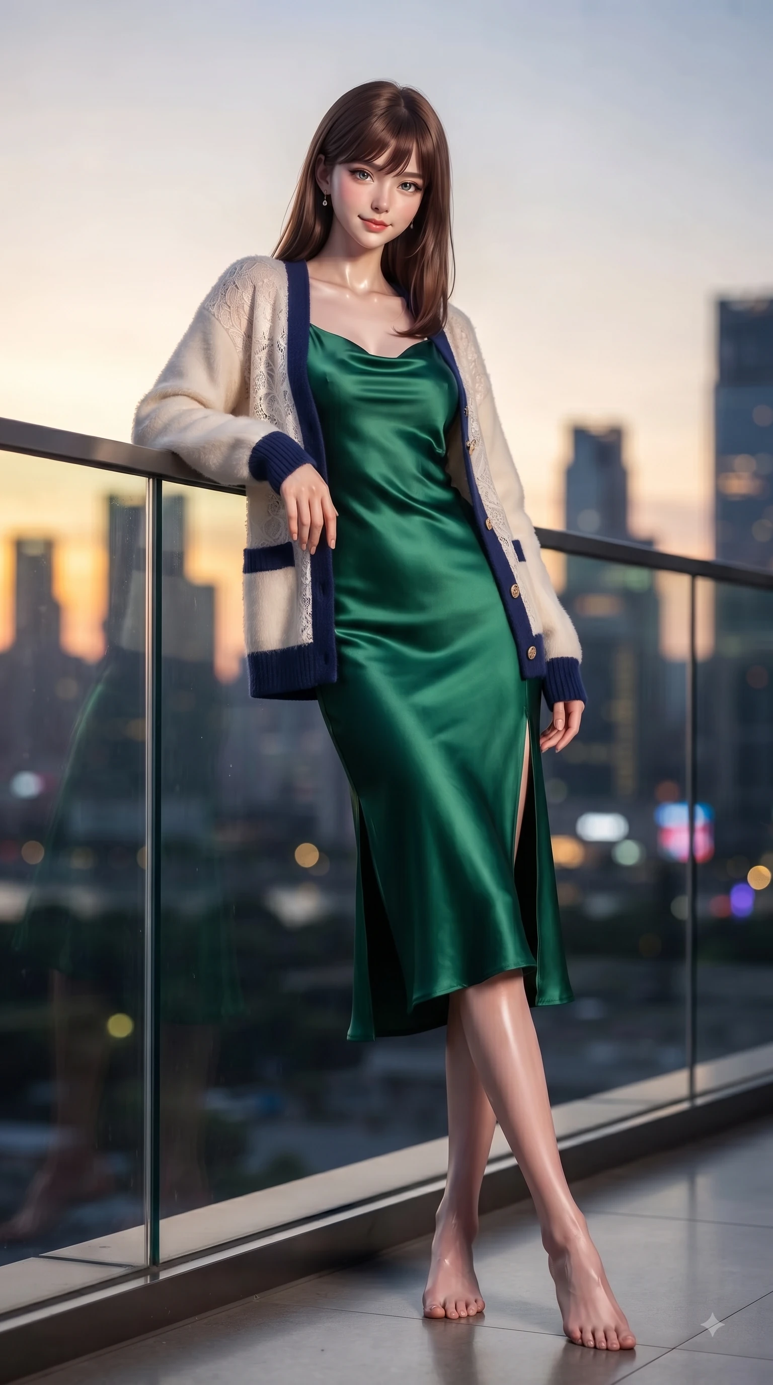 score_9, masterpiece, best quality, ultra-detailed, high-budget anime keyframe, editorial fashion photography, tasteful artistic composition, Korean woman. low angle full-body shot from head to toe showing her feet, filling the entire 9:16 vertical frame with her statuesque presence, stretching her vertical silhouette. Airy, translucent innocence with a soft subtle smile and a clear, pristine gaze into the lens while leaning against a sleek glass railing overlooking a vibrant urban skyline. The composition keeps background elements in soft focus with dreamy bokeh. metropolitan skyline silhouettes blurred into a dramatic evening backdrop. She has an absolutely perfect, statuesque 8.5-heads proportion, an exceptionally tall and slender model-like female figure with impossibly long slender legs and an ultra-slim waist. sharp v-shaped jawline, high-bridge nose, intricate jewel-like eyes with depth, thick eyelashes, glossy lips with a natural sheen, flawlessly proportioned anatomical accuracy, natural body alignment, perfectly sculpted elegant limbs, clean dynamic posture without body distortion. wearing a rich emerald green satin slip dress layered under a plush cream cardigan in royal navy blue and pure ivory, made of fine lace weave and soft satin jersey, finished with a sleek side slit ascending to mid-thigh, the form-contouring material accentuating her ultra-slim waist and long lines. bathed in dramatic golden hour sunset glow and vibrant urban night lights. ultra-reflective glossy finish, specular highlights, metallic sheen, high-contrast stereoscopic depth, volumetric dynamic lighting, 2k, ultra detail, master piece, 9:16 ratio