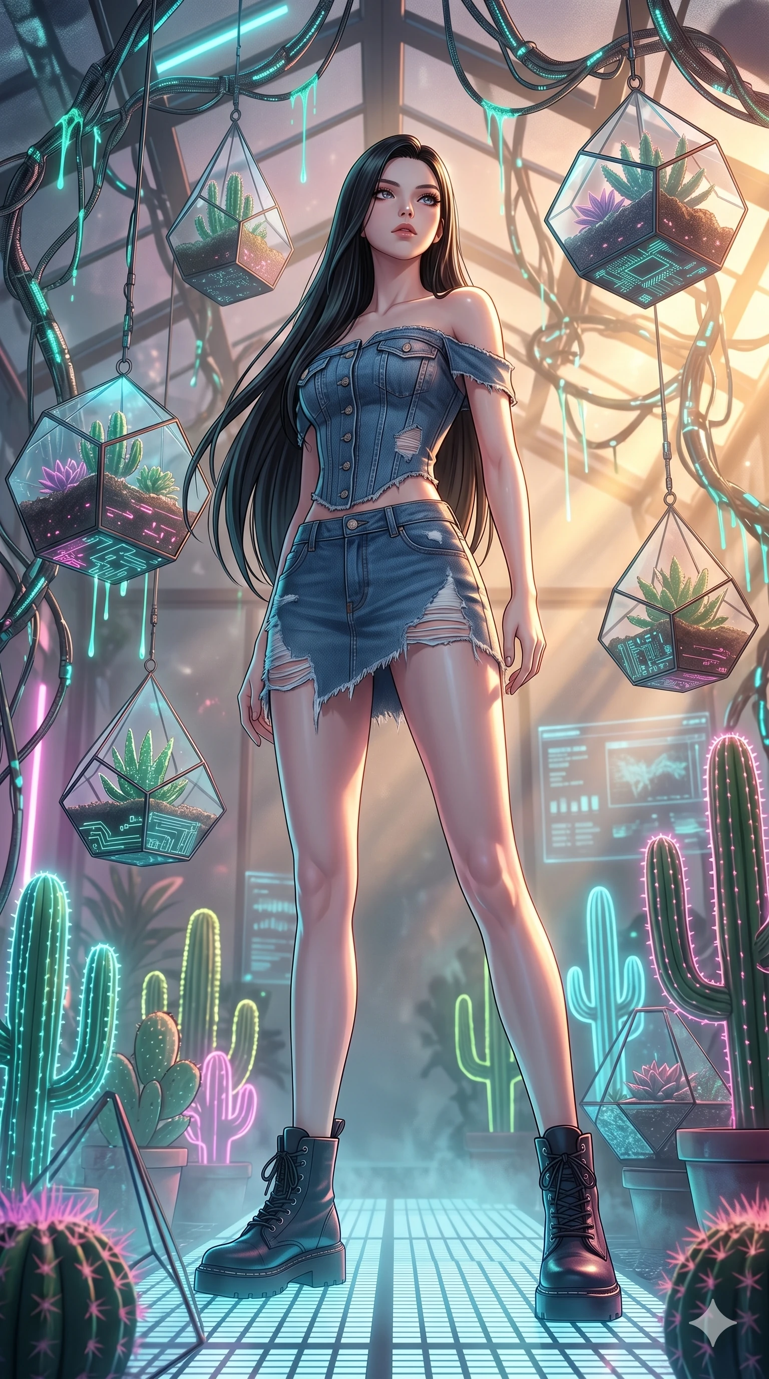score_9, masterpiece, best quality, ultra-detailed, high-budget anime keyframe, Japanese woman. low angle full-body shot filling the entire 9:16 frame with her statuesque presence, stretching the vertical silhouette. standing in a retro-futuristic synthwave greenhouse where glowing neon cacti and polyhedral glass terrariums float around her, while fluorescent cyber-sap drips from cybernetic vines. She has an absolutely perfect 8-heads proportion, an exceptionally tall and slender female figure with impossibly long slender legs and an ultra-slim waist. V-shaped jawline, high-bridge nose, intricate jewel-like eyes with depth, thick eyelashes, glossy lips with a natural sheen.. wearing a deconstructed denim corset and an asymmetric ripped denim micro-skirt, showcasing a rugged yet chic off-shoulder style. showcasing a beautiful play of light and shadow, with warm golden rays clashing against cool cyan highlights. 2k, ultra detail, master piece, 9:16 ratio