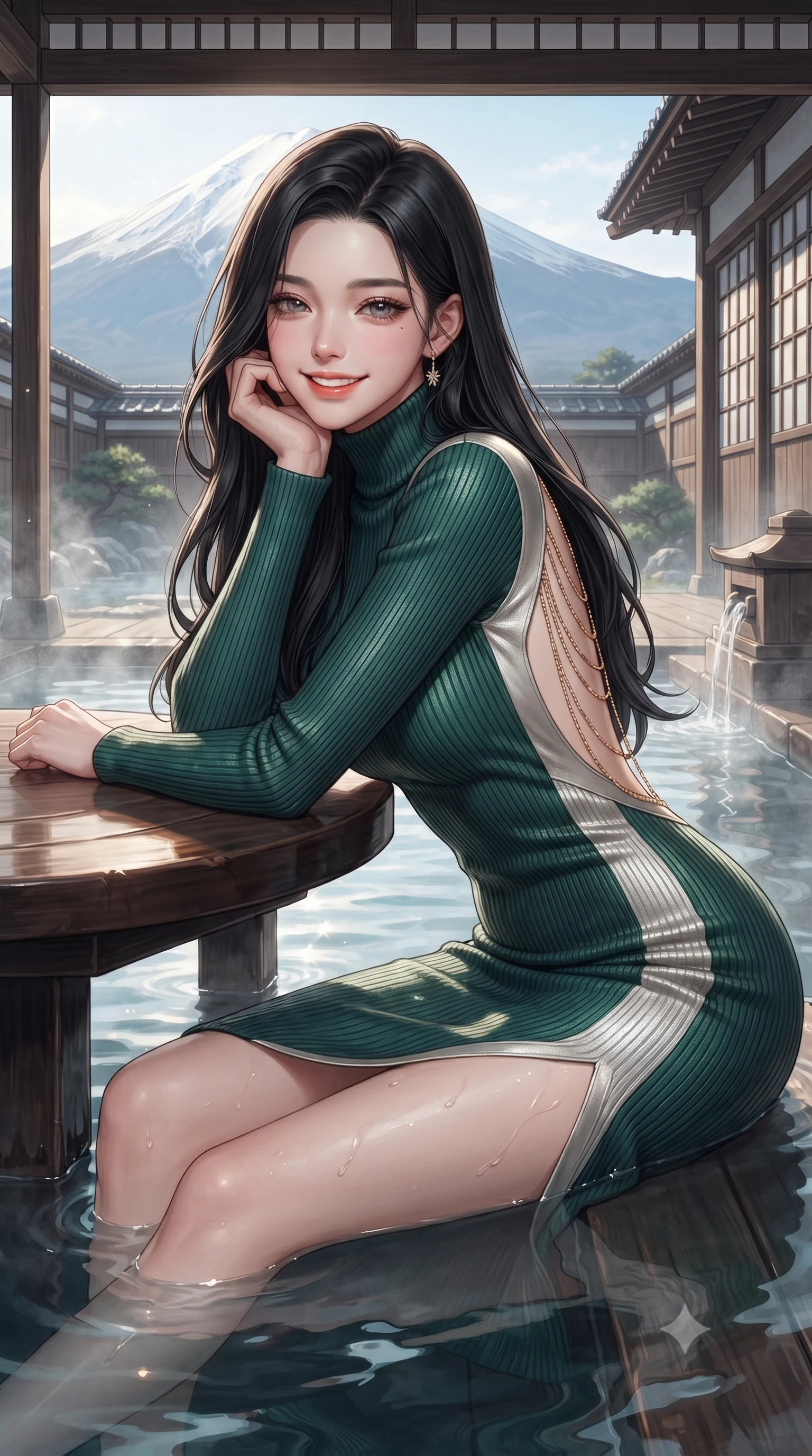 score_9, masterpiece, best quality, ultra-detailed, high-budget anime keyframe, editorial fashion photography, tasteful artistic composition, Korean woman. close-up cowboy shot from the waist and thighs up, the character dominates the composition, filling the frame with her large presence. resting one elbow on the table and supporting her chin, leaning close to the camera with heavy-lidded sparkling eyes and parted lips while lounging in the steaming onsen bath with water lapping at her waist and legs extended, displaying her long slender limbs and statuesque hourglass silhouette against Fuji-san. The surrounding environment is rendered in vivid detail and crisp panoramic clarity: detailed garment lines, wet cling or bodycon fit, and artisanal Japanese woodwork in razor-sharp precision. She has an exceptionally elegant, slender, and willowy female figure with an ultra-slim waist, flat toned midriff, narrow ribcage, and sculpted feminine hips creating an alluring, slim hourglass silhouette without bulk. sharp v-shaped jawline, high-bridge nose, intricate jewel-like sparkling eyes with depth, thick eyelashes, glossy parted lips with a natural peach sheen, bright cheerful beaming smile with an enchanting and coquettish sensual glint, exuding both youthful cute charm and seductive allure, flawlessly proportioned anatomical accuracy, strict slender model proportions, natural body alignment, perfectly sculpted long slender limbs, ultra-slim waistline, clean dynamic posture without body distortion. wearing an ultra-sleek Icelandic thermal ribbed knit turtleneck midi dress hugging every contour of her hourglass frame in Art Nouveau malachite green and antique starlight silver, woven from buttery-soft stretch lambskin leather adhering to her body like a second skin, accented with an open-back drape framed by falling strands of delicate gold chains, the form-contouring silhouette accentuating her sculpted flat midriff, narrow delicate ribcage, and gracefully curvy hips with intoxicating allure. illuminated by onsen water reflection bounce and sharp platinum-gold rim lights sculpting her razor-sharp jawline, narrow waist, and curvy hips. ultra-reflective glossy finish, specular highlights, rich textural contrasts, high-contrast stereoscopic depth, volumetric dynamic lighting, 2k, ultra detail, master piece, 9:16 ratio
