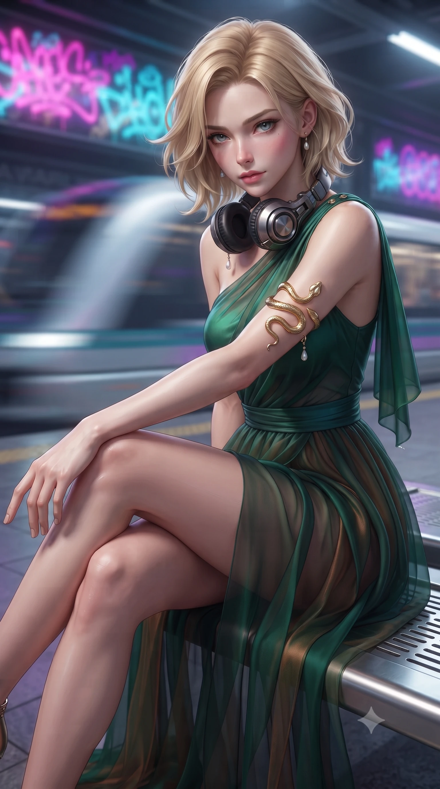 score_9, masterpiece, best quality, ultra-detailed, high-budget anime keyframe, editorial fashion photography, tasteful artistic composition, Caucasian woman. close-up cowboy shot from the waist and thighs up, the character dominates the composition, filling the frame with her large presence. extending one slender arm gracefully toward the foreground while casting an affectionate, mesmerizing glance while sitting casually on a stainless steel station bench with legs crossed, headphones around her neck, looking directly into the lens. The composition keeps background elements in soft focus with creamy bokeh. speeding maglev train motion blur and glowing neon graffiti tags blurred into vivid magenta, cyan, and violet bokeh. She has an exceptionally elegant, slender, and willowy female figure with an ultra-slim waist, a gracefully sculpted slender torso, toned flat midriff, and a refined slim silhouette. sharp v-shaped jawline, high-bridge nose, intricate jewel-like eyes with depth, thick eyelashes, glossy lips with a natural sheen, captivating and magnetic expression, flawlessly proportioned anatomical accuracy, strict slender model proportions, natural body alignment, perfectly sculpted long slender limbs, ultra-slim waistline, clean dynamic posture without body distortion. wearing an ethereal emerald-green silk chiffon gown with an asymmetric shoulder drape and sheer layered skirt in deep emerald green and bronze, woven from airy multi-layered silk chiffon with a weightless drape, accented with a sculptured gold serpent armlet and pearl drops, the glove-like aerodynamic second-skin fit tightly clinging to her ultra-slender waist and athletic curves without adding bulk, accentuating her razor-sharp statuesque lines and slim hourglass silhouette. surrounded by an edgy, electrifying, and irresistibly cool cyber-street idol aura. ultra-reflective glossy finish, specular highlights, rich textural contrasts, high-contrast stereoscopic depth, volumetric dynamic lighting, 2k, ultra detail, master piece, 9:16 ratio