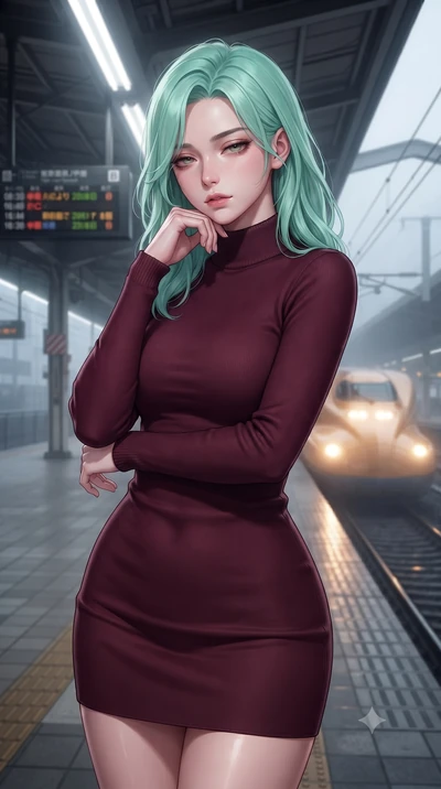 score_9, masterpiece, best quality, ultra-detailed, high-budget anime keyframe, editorial fashion photography, tasteful artistic composition, Japanese woman. close-up cowboy shot from the waist and thighs up, the character dominates the composition, 