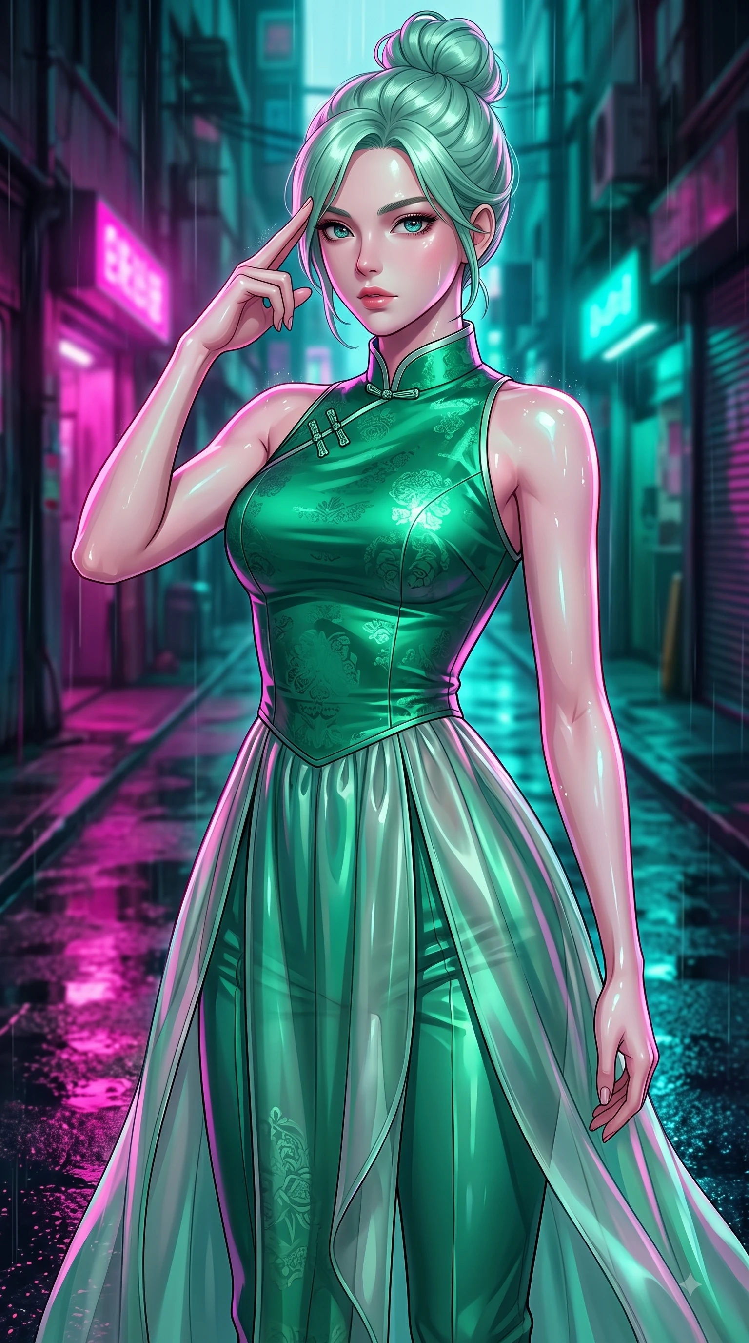 score_9, masterpiece, best quality, ultra-detailed, high-budget anime keyframe, editorial fashion photography, tasteful artistic composition, Japanese woman woman. close-up cowboy shot from the waist and thighs up, the character dominates the composition, filling the frame with her large presence, background elements kept in soft focus. She has an exceptionally elegant, slender, and willowy female figure with an ultra-slim waist, a gracefully sculpted slender torso, and a refined silhouette. pressing two fingers to her temple in a composed gesture, gazing past the camera with sharp focus, flawlessly proportioned anatomical accuracy, natural body alignment, perfectly sculpted elegant limbs, clean dynamic posture without body distortion. set against a soft-focus background of a cyberpunk alley with wet asphalt reflecting rain. wearing a modern fusion silk hanbok dress with a structured emerald bodice and flowing layered skirt. drenched in wet neon reflections of magenta and turquoise casting glossy specular highlights. highly saturated vibrant anime colors, detailed shading with soft gradients, rich glossy textures, high-contrast stereoscopic depth, volumetric dynamic lighting, master piece, 9:16 ratio