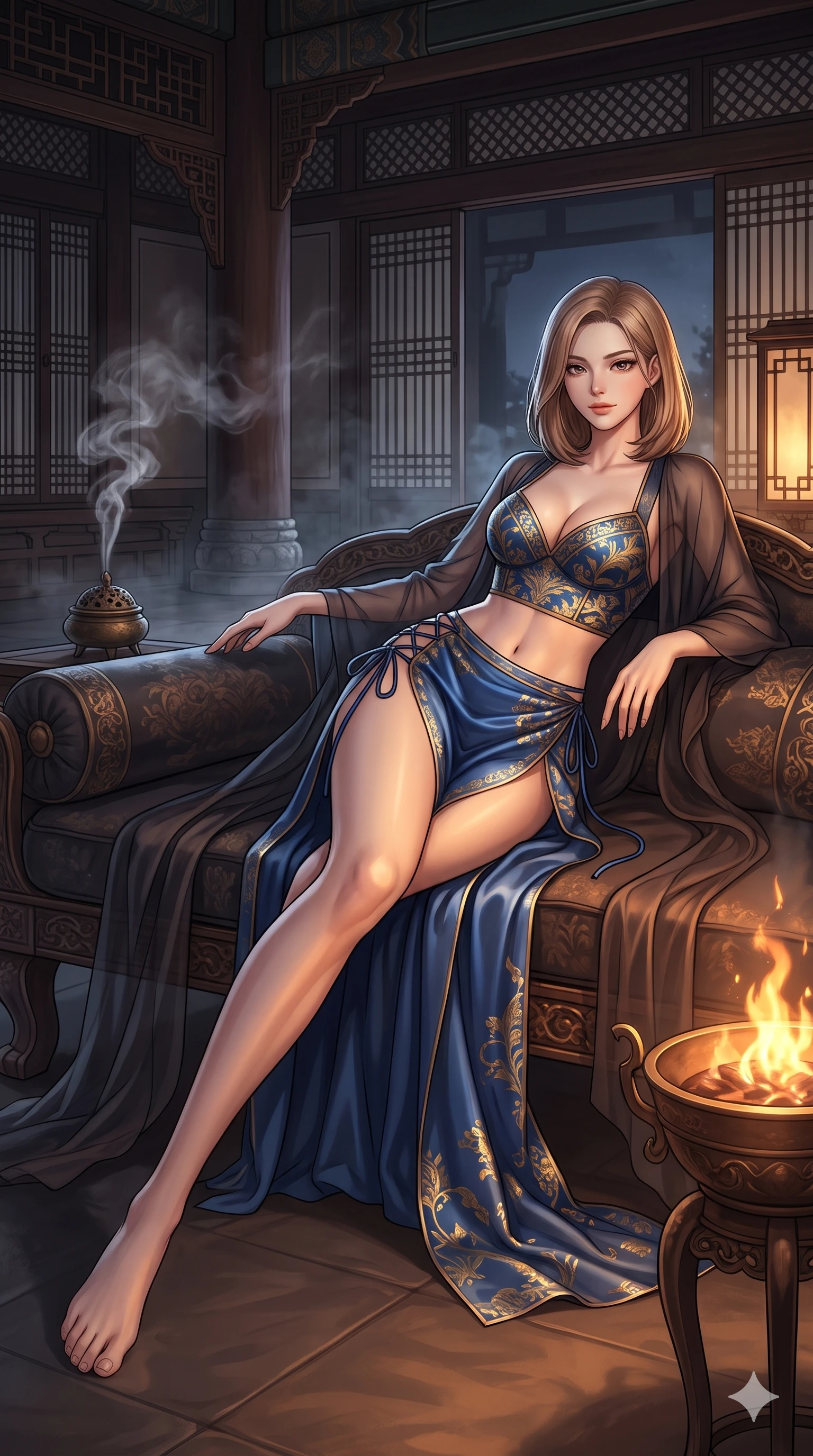 score_9, masterpiece, best quality, ultra-detailed, high-budget anime keyframe, editorial fashion photography, tasteful artistic composition, Korean woman. low angle full-body shot from head to toe showing her feet, filling the entire 9:16 vertical frame with her statuesque presence, stretching her vertical silhouette. reclining gracefully across the plush chaise lounge with one leg extended, her sculpted silhouette and flat midriff radiating magnetic nocturnal glamour while twisting her slender torso in an alluring S-curve among drifting incense smoke, warm brazier embers illuminating her hourglass curves. The surrounding environment is rendered in vivid detail and crisp panoramic clarity: detailed sheer dark chiffon gown drape, structured bodice silhouette, and imperial palace architecture in razor-sharp clarity. She has an absolutely perfect, statuesque 8.5-heads proportion, an exceptionally tall and slender model-like female figure with impossibly long slender legs, an ultra-slim waist, a flat toned midriff, narrow delicate ribcage, and beautifully sculpted feminine hips creating a graceful, slim hourglass silhouette without any bulky heaviness. sharp v-shaped jawline, high-bridge nose, sparkling eyes with hypnotic seductive depth, thick curled eyelashes, glossy parted lips with a natural dewy peach sheen, alluring bedroom-eyes with an enchanting coquettish smile, exuding magnetic siren charisma and sophisticated glamour, flawlessly proportioned anatomical accuracy, strict slender model proportions, natural body alignment, perfectly sculpted long slender limbs, ultra-slim waistline, clean dynamic posture without body distortion. wearing an alluring low-slung modern hanbok wrap skirt with bare waist flanks and delicate silk cord ties in deep ocean cobalt and shimmering gold leaf, made of supple butter-soft lambskin leather with a subtle satin sheen, featuring fine criss-cross lace-up side ties revealing tantalizing glimpses of her hip curve, the high-slit wrap tailoring accentuating her ultra-slim waistline and the enchanting curve of her feminine hips with alluring seductive charm. illuminated by polished floor bounce and sharp amber-bronze rim lights defining her razor-sharp jawline, narrow waist, and curvy hips. ultra-reflective glossy finish, specular highlights, rich textural contrasts, high-contrast stereoscopic depth, volumetric dynamic lighting, 2k, ultra detail, master piece, 9:16 ratio