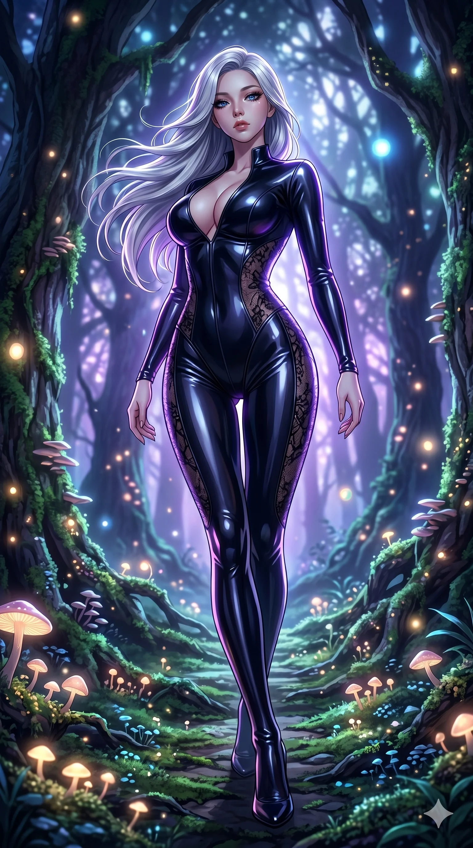 score_9, masterpiece, best quality, ultra-detailed, high-budget anime keyframe portrait, an incredibly beautiful Caucasian anime girl with pale skin anime girl. Dynamic low angle shot filling the frame. She has an absolutely perfect 8-heads proportion, an exceptionally tall female figure with long slender legs and a voluptuous body. Her face is a highly detailed masterpiece featuring a v-shaped jawline, high-bridge nose, intricate jewel-like eyes, thick eyelashes, and glossy lips. She has silver flowing hair. She is wearing a seductive skin-tight dark anime girl latex suit with sheer lace panels, deep cleavage, highlighting her alluring silhouette. Mystical glowing forest, cinematic magical lighting, dramatic rim lighting, cinematic shadows, 2k, ultra detail, master piece, 9:16 ratio