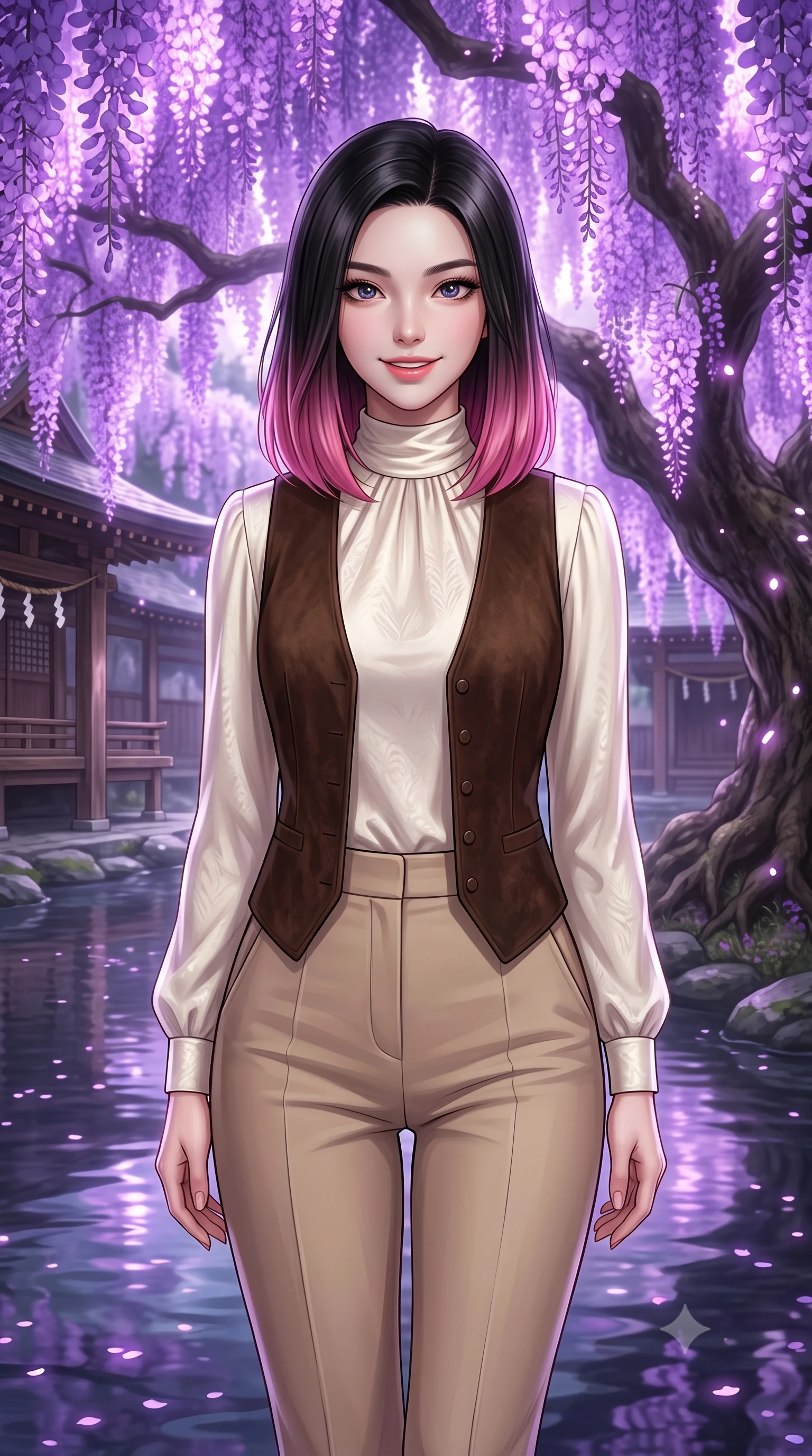 score_9, masterpiece, best quality, ultra-detailed, high-budget anime keyframe, editorial fashion photography, tasteful artistic composition, Korean woman. close-up cowboy shot from the waist and thighs up, the character dominates the composition, filling the frame with her large presence, background elements kept in soft focus. Gazing ahead with a happy, optimistic expression and a gentle smile. set against a soft-focus background of in a traditional wooden shrine courtyard surrounded by giant wisteria trees with glowing purple flowers hanging over a calm, reflecting river. She has an exceptionally elegant, slender, and willowy female figure with a highly-defined ultra-slim waist, a gracefully sculpted slender torso, and a refined slim-fit silhouette that contours her form. sharp v-shaped jawline, high-bridge nose, intricate jewel-like eyes with depth, thick eyelashes, glossy lips with a natural sheen. wearing a high-neck ivory silk blouse under a dark brown suede vest, paired with beige tailored trousers. soft purple bioluminescent light from the flowers casting gentle reflections on the water and wooden structures. 2k, ultra detail, master piece, 9:16 ratio
