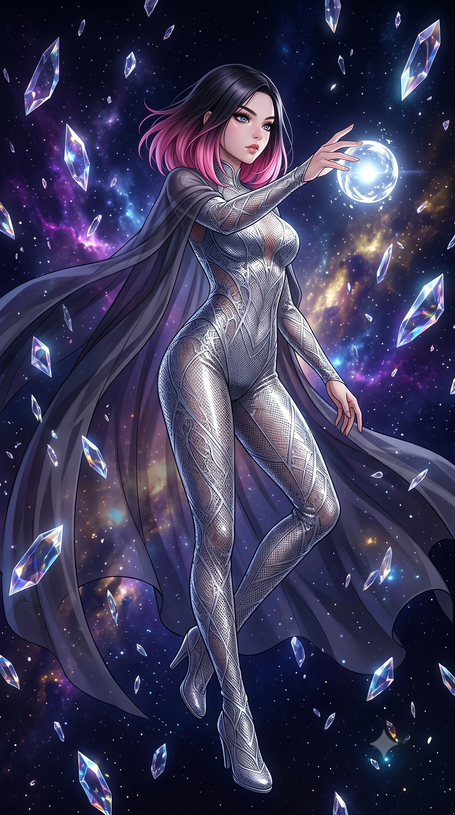 score_9, masterpiece, best quality, ultra-detailed, High-budget Anime Keyframe, East Asian woman. Low angle cowboy shot filling the entire 9:16 frame with her statuesque presence. Scenario 468: reaching out to catch a floating sphere of liquid light in a dark void filled with floating crystal shards reflecting purple nebulae. Her presence is magnetic and overpowering in this high-budget anime scene. Outfit 468: a slim-fit liquid silver micro-mesh lace catsuit draped with a semi-transparent chiffon cape. The clothing is designed to emphasize her exceptionally tall and slender 8-heads proportion. 8-heads proportion, towering silhouette, ultra-slim waist. sharp v-shaped jawline, intricate jewel-like eyes with depth, thick eyelashes, glossy lips. 2k, ultra detail, master piece, 9:16 ratio