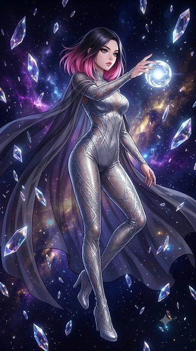 score_9, masterpiece, best quality, ultra-detailed, High-budget Anime Keyframe, East Asian woman. Low angle cowboy shot filling the entire 9:16 frame with her statuesque presence. Scenario 468: reaching out to catch a floating sphere of liquid light 