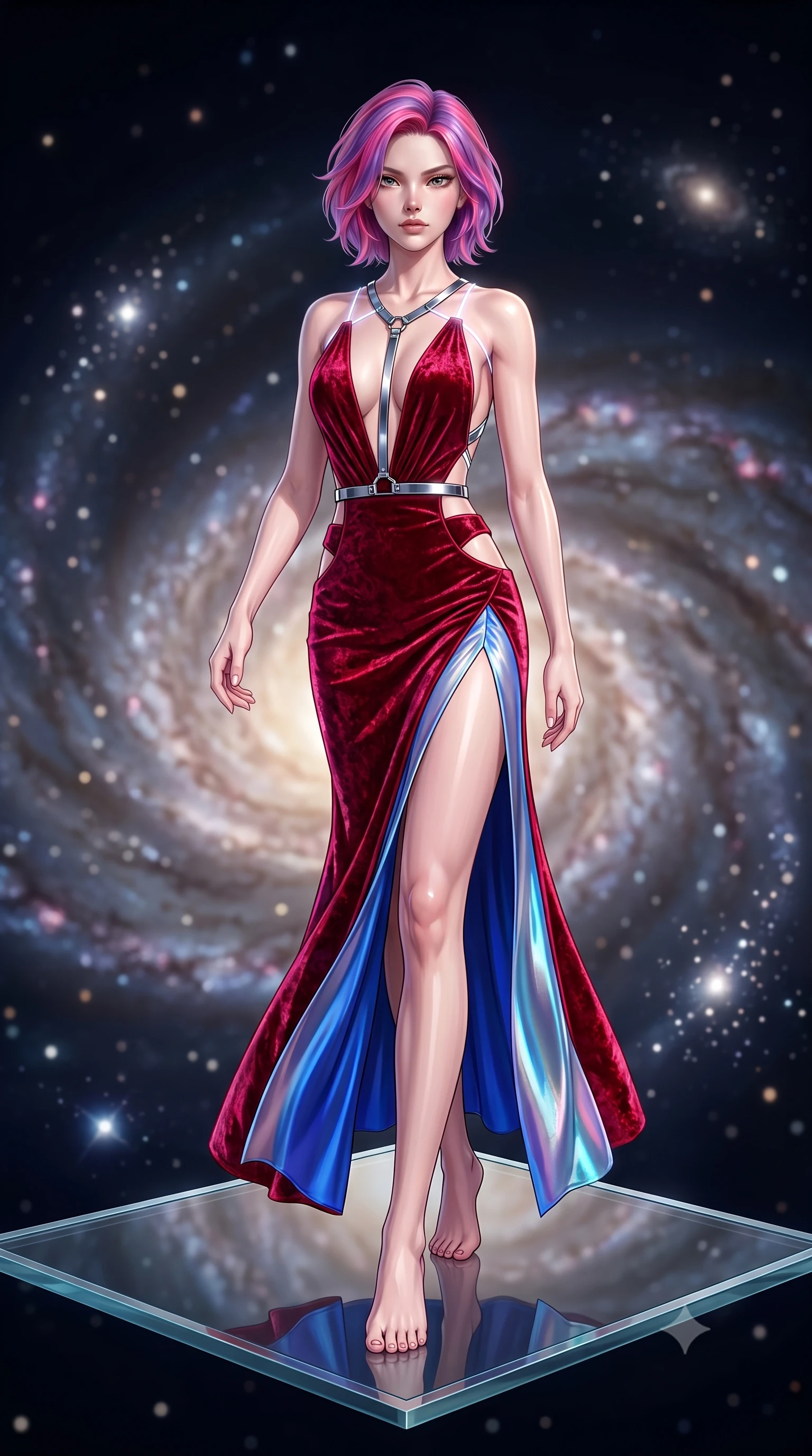 score_9, masterpiece, best quality, ultra-detailed, high-budget anime keyframe, semi-realistic 3D game render, editorial fashion photography, tasteful artistic composition, Caucasian woman. low angle full-body shot from head to toe showing her feet, filling the entire 9:16 vertical frame with her statuesque presence, stretching her vertical silhouette. striding forward in a proud, statuesque motion with a dangerous smolder, her vertical silhouette dominating the frame from head to toe while floating weightlessly on an open diamond-glass platform suspended in the vacuum of space amidst a swirling spiral galaxy. The composition keeps background elements in soft focus with creamy bokeh. diamond-glass platforms and orbiting star clusters softened in smooth cosmic atmospheric focus. She has an absolutely perfect, statuesque 8.5-heads proportion, an exceptionally tall and slender model-like female figure with impossibly long slender legs, a toned flat midriff, and an ultra-slim waist. sharp v-shaped jawline, high-bridge nose, intricate jewel-like eyes with depth, thick eyelashes, glossy lips with a natural sheen, flawlessly proportioned anatomical accuracy, strict slender model proportions, natural body alignment, perfectly sculpted long slender limbs, ultra-slim waistline, clean dynamic posture without body distortion. wearing a backless crimson crushed velvet gown with a deep plunging V-neckline, strategic hip cutouts, and an ultra-high thigh slit in liquid electric cobalt blue and polished silver, made of smooth iridescent silk chiffon that shifts colors with movement, reinforced by a sleek metallic chrome harness and delicate glowing micro-straps, the liquid-tight tailored fabric emphasizing every curve of her tall, slender model proportions and sculptured silhouette during dynamic movement. illuminated by crisp diamond-specular highlights tracing her sculpted collarbones, waist, and slender limbs. highly saturated vibrant anime colors, detailed shading with soft gradients, rich glossy textures, high-contrast stereoscopic depth, volumetric dynamic lighting, master piece, 9:16 ratio