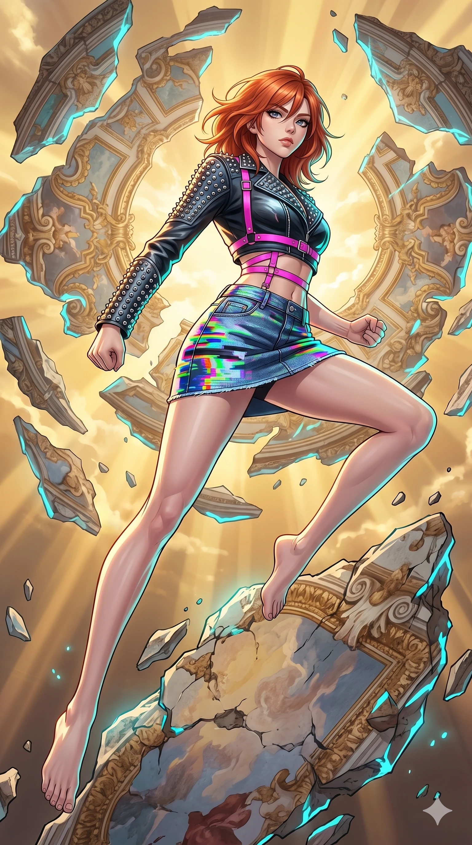 score_9, masterpiece, best quality, ultra-detailed, high-budget anime keyframe, Japanese woman. low angle full-body shot filling the entire 9:16 frame with her statuesque presence, stretching the vertical silhouette. propelling herself off digital baroque ceiling fresco shards that float and reassemble in a golden sky. She has an absolutely perfect 8-heads proportion, an exceptionally tall and slender female figure with impossibly long slender legs and an ultra-slim waist. V-shaped jawline, high-bridge nose, intricate jewel-like eyes with depth, thick eyelashes, glossy lips with a natural sheen.. wearing a glitch denim and studded leather outfit, featuring an RGB glitch pattern denim micro-skirt, a single-sleeve cropped leather jacket, and neon pink harness straps. showcasing a beautiful play of light and shadow, with warm golden rays clashing against cool cyan highlights. 2k, ultra detail, master piece, 9:16 ratio