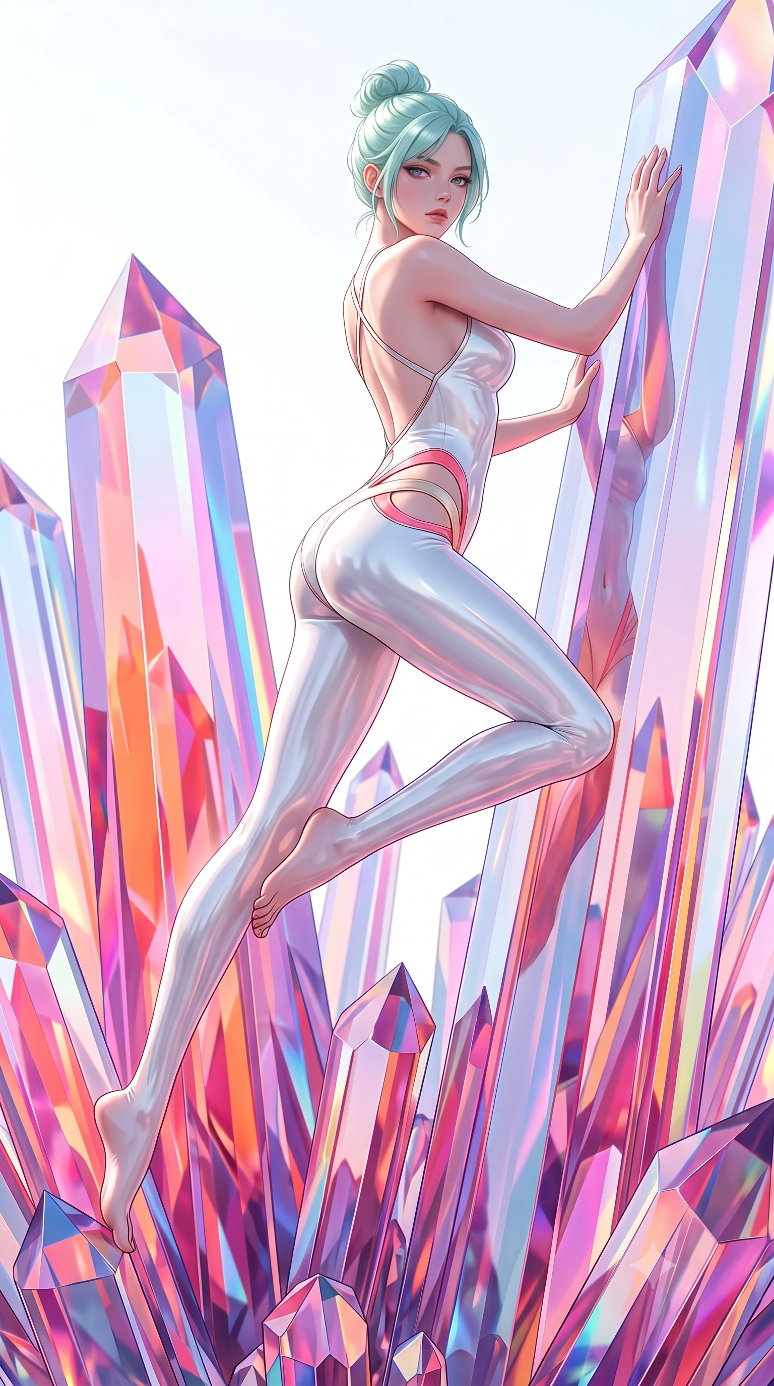score_9, masterpiece, best quality, ultra-detailed, high-budget anime keyframe, semi-realistic 3D game render, editorial fashion photography, tasteful artistic composition, Japanese woman. low angle full-body shot from head to toe showing her feet, filling the entire 9:16 vertical frame with her statuesque presence, stretching her vertical silhouette. leaping through mid-air with an athletic yet alluring arch of her spine, her impossibly long slender legs stretched in flawless poise while leaning against a towering optical crystal pillar with a haughty, smoldering gaze amidst pure white daylight. The surrounding environment is rendered in vivid detail and crisp panoramic clarity. vivid high-saturation spectrum colors and high-key white daylight rendered with environmental sharpness. She has an absolutely perfect, statuesque 8.5-heads proportion, an exceptionally tall and slender model-like female figure with impossibly long slender legs, a toned flat midriff, and an ultra-slim waist. sharp v-shaped jawline, high-bridge nose, intricate jewel-like eyes with depth, thick eyelashes, glossy lips with a natural sheen, flawlessly proportioned anatomical accuracy, strict slender model proportions, natural body alignment, perfectly sculpted long slender limbs, ultra-slim waistline, clean dynamic posture without body distortion. wearing a second-skin white liquid-mercury micro-bodysuit sculpted tightly to her slender build, featuring razor-thin metallic straps and hip cutouts in radiant coral pink and champagne ivory, crafted from ultra-reflective second-skin latex with a high-gloss glass-like polish, complemented by criss-cross back straps highlighting her completely bare spine, the precision-cut daring openings accentuating her delicate midriff, graceful bare collarbones, and ultra-slim feminine waistline. illuminated by high-contrast specular reflections on crystal and polished surfaces. highly saturated vibrant anime colors, detailed shading with soft gradients, rich glossy textures, high-contrast stereoscopic depth, volumetric dynamic lighting, master piece, 9:16 ratio