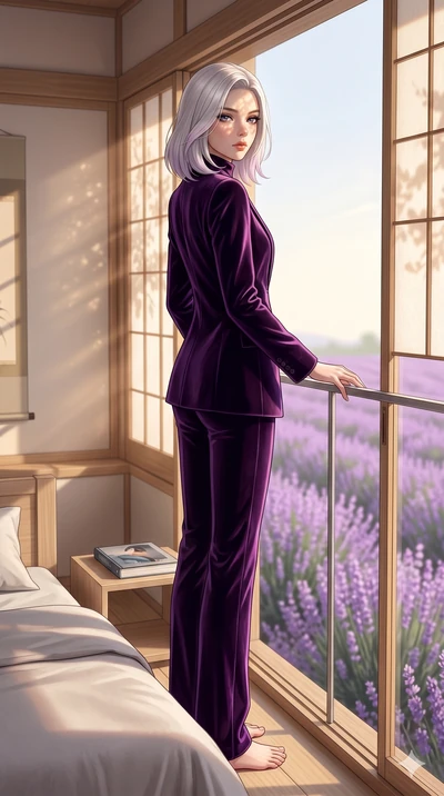 score_9, masterpiece, best quality, ultra-detailed, high-budget anime keyframe, editorial fashion photography, tasteful artistic composition, Caucasian woman, strictly human ears. low angle full-body shot from head to toe showing her feet, filling th