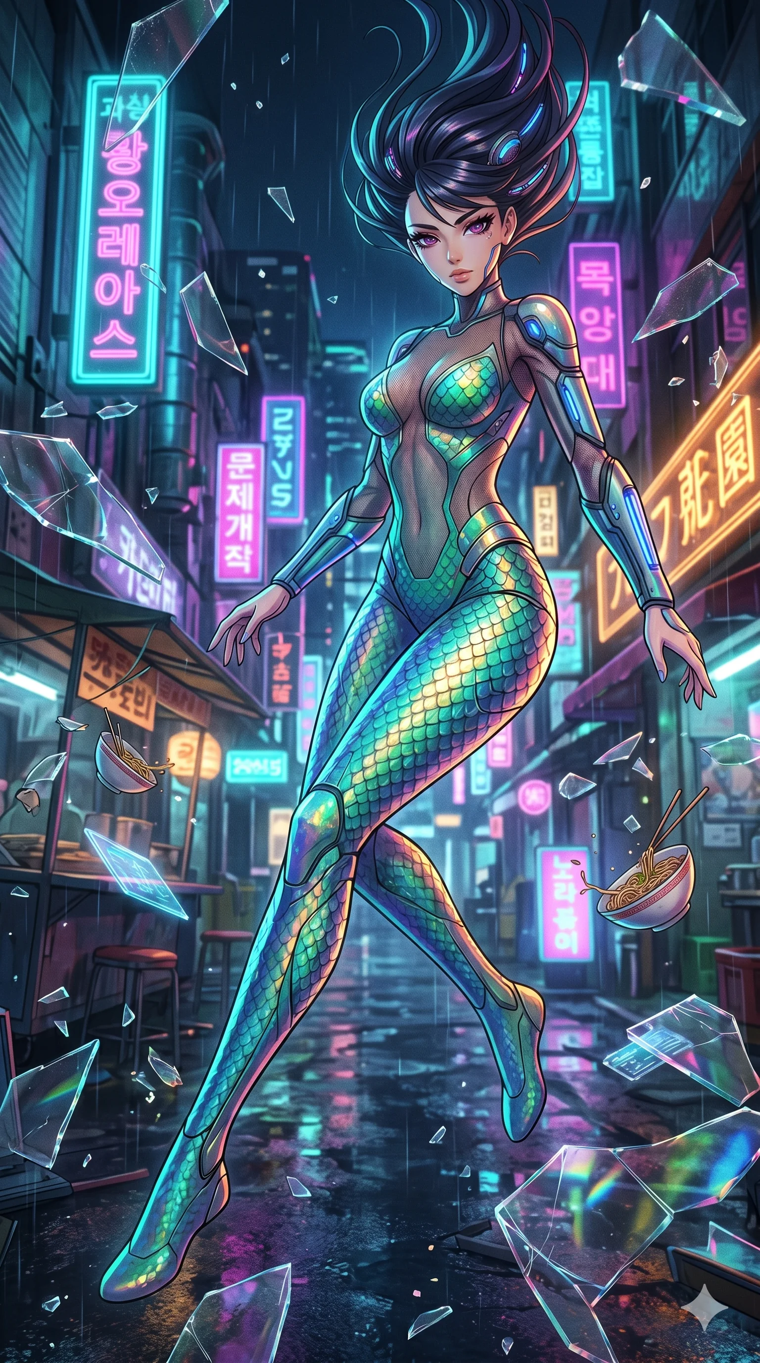 score_9, masterpiece, best quality, ultra-detailed, Set A: High-budget Anime Keyframe, Japanese woman. Low angle cowboy shot filling the entire 9:16 frame with her statuesque presence. Floating through a neon-lit Neo-Seoul market, as gravity fails and everything around her floats in state 106 and surrounded by shattered glass fragments. She has an absolutely perfect 8-heads proportion, an exceptionally tall and slender female figure with impossibly long slender legs and an ultra-slim waist. Sharp v-shaped jawline, high-bridge nose, intricate jewel-like eyes with depth, thick eyelashes, glossy lips with a natural sheen. Wearing Cybernetic mermaid tail-suit with iridescent scales and a sheer mesh top. Cinematic lighting, vibrant colors, dramatic shadows, 2k, ultra detail, master piece, 9:16 ratio
