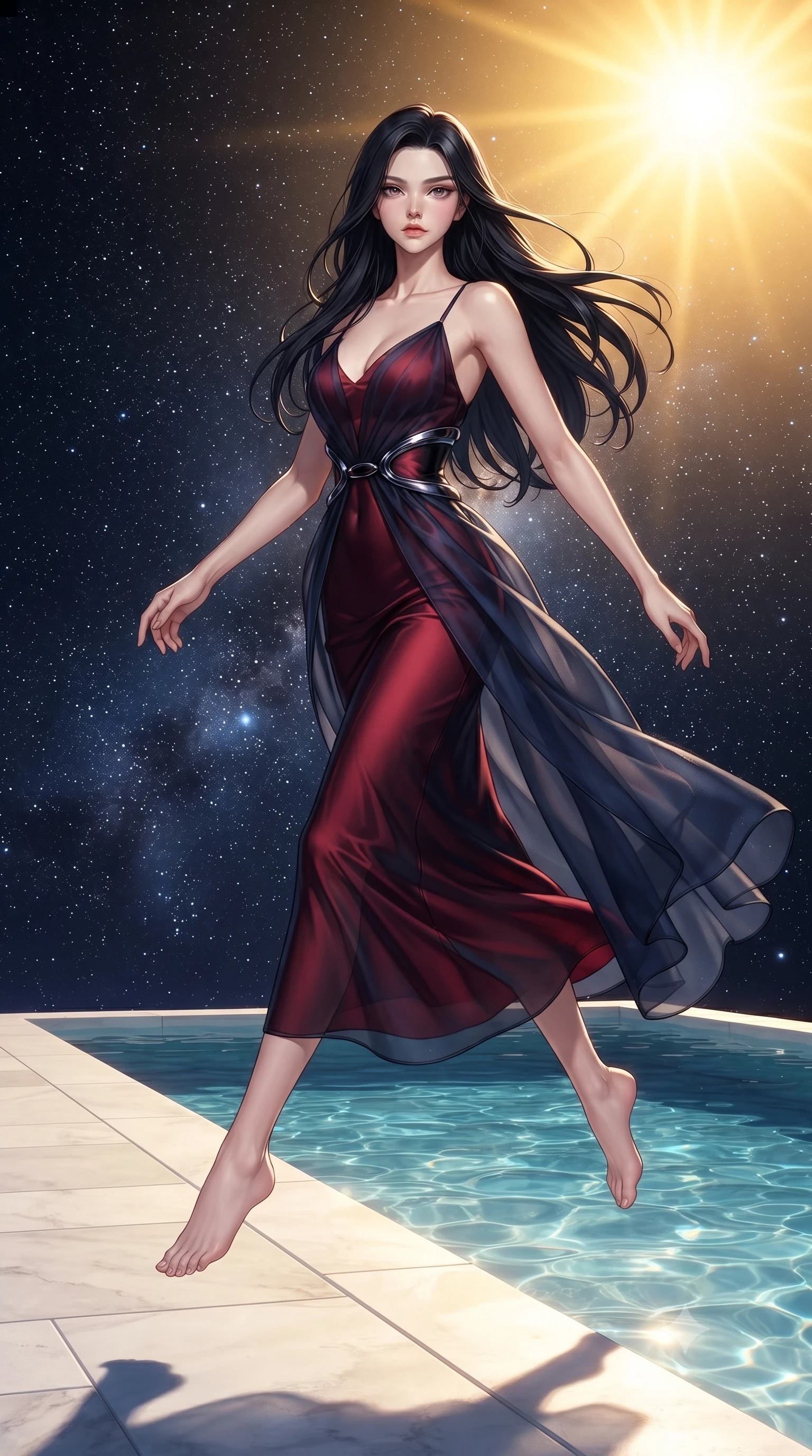 score_9, masterpiece, best quality, ultra-detailed, high-budget anime keyframe, editorial fashion photography, tasteful artistic composition, Korean woman. low angle full-body shot from head to toe showing her feet, filling the entire 9:16 vertical frame with her statuesque presence, stretching her vertical silhouette. leaping dynamically through the starry space, her posture full of power and elegance, poised near a clear infinity plunge pool under a brilliant golden sun sky, effortless summer resort luxury aesthetic. She has an absolutely perfect, statuesque 8.5-heads proportion, an exceptionally tall and slender model-like female figure with impossibly long slender legs and an ultra-slim waist. sharp v-shaped jawline, high-bridge nose, intricate jewel-like eyes with depth, thick eyelashes, glossy lips with a natural sheen. wearing form-contouring dark crimson liquid silk long slip dress in midnight navy blue, made of sheer dark organza overlay, accented with sculpted obsidian chrome rings at the waist, following her slender form with tailored precision. illuminated by clear natural daylight and warm fill light from white stone. ultra-reflective glossy finish, specular highlights, metallic sheen, high-contrast stereoscopic depth, volumetric dynamic lighting, 2k, ultra detail, master piece, 9:16 ratio