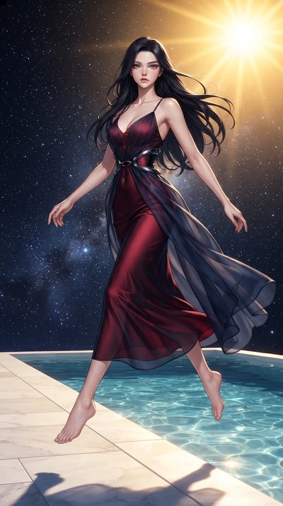 score_9, masterpiece, best quality, ultra-detailed, high-budget anime keyframe, editorial fashion photography, tasteful artistic composition, Korean woman. low angle full-body shot from head to toe showing her feet, filling the entire 9:16 vertical f