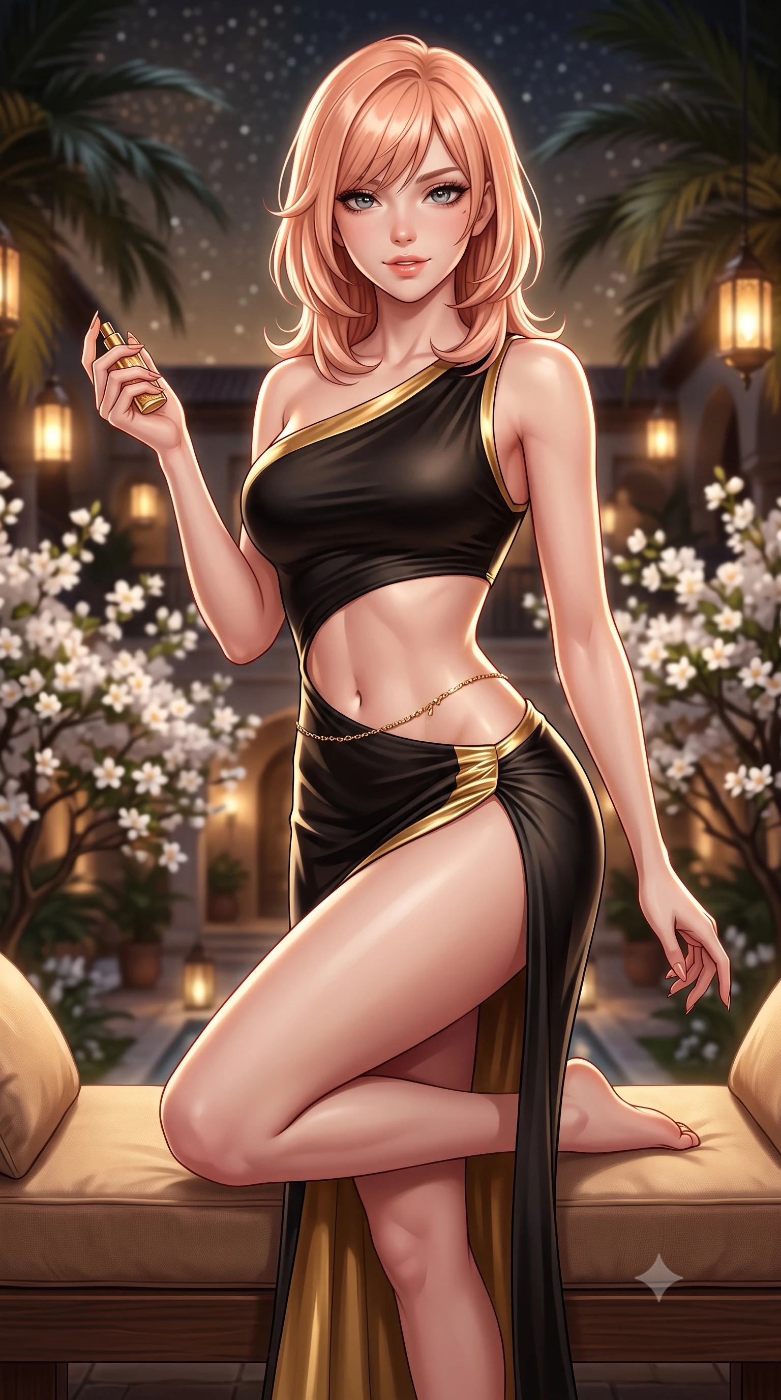 score_9, masterpiece, best quality, ultra-detailed, high-budget anime keyframe, semi-realistic 3D game render, editorial fashion photography, tasteful artistic composition, Japanese woman. close-up cowboy shot from the waist and thighs up, the character dominates the composition, filling the frame with her large presence. perched sideways on the lounge seat, one knee drawn up to showcase her slender leg line while her arched back accentuates her feminine hip curve while sitting poised on the low cushioned cedar bench with legs crossed, holding a brass perfume vial with dangerous coquettish allure. The background shows a soft-focus blooming white orange blossom trees in courtyard below, flickering lantern glows among palm fronds, and starry sky blurred into honey, ivory, and obsidian bokeh. She has an exceptionally elegant, slender, and willowy female figure with an ultra-slim waist, flat toned midriff, narrow ribcage, and sculpted feminine hips creating an alluring, slim hourglass silhouette without bulk. sharp v-shaped jawline, high-bridge nose, sparkling eyes with hypnotic seductive depth, thick curled eyelashes, glossy parted lips with a natural dewy peach sheen, alluring bedroom-eyes with an enchanting coquettish smile, exuding magnetic siren charisma and sophisticated glamour, flawlessly proportioned anatomical accuracy, strict slender model proportions, natural body alignment, perfectly sculpted long slender limbs, ultra-slim waistline, clean dynamic posture without body distortion. wearing an asymmetric one-shoulder liquid jersey gown with dramatic hip-high slit and sculptural waist cutout in Shanghai Art Deco black and polished brass gold, crafted from fluid liquid silk satin that clings smoothly to every curve with a dewy sheen, accented with a dainty gold belly chain resting across her flat midriff and curving hips, the liquid-tight tailored fabric clinging flawlessly to her narrow waist and rounded feminine hips, emphasizing every millimeter of her sculpted slim hourglass curves without any bulky heaviness. illuminated by warm interior lantern bounce and sharp silver-gold rim lights defining her razor-sharp jawline, narrow waist, and curvy hips. highly saturated vibrant anime colors, detailed shading with soft gradients, rich glossy textures, high-contrast stereoscopic depth, volumetric dynamic lighting, master piece, 9:16 ratio