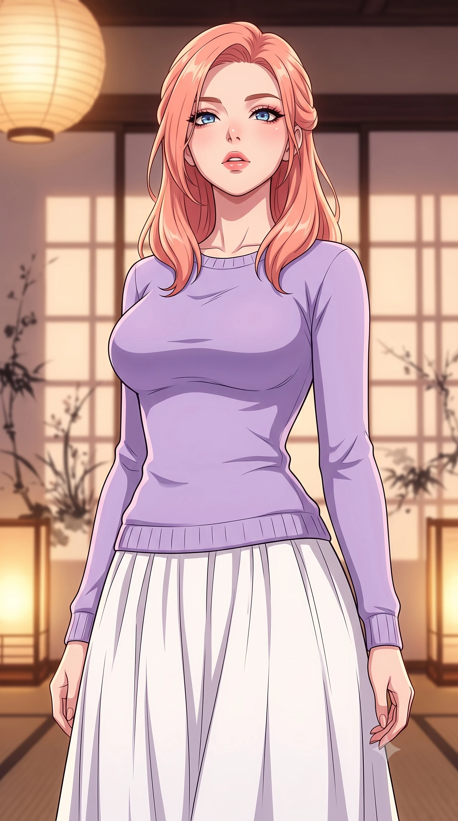 score_9, masterpiece, best quality, ultra-detailed, high-budget anime keyframe, tasteful artistic composition, Japanese woman. close-up cowboy shot from the waist and thighs up, the character dominates the composition, filling the frame with her large presence, background elements kept in soft focus. tilting her chin up slightly with lips parted in a composed, provocative expression the background shows a soft-focus a traditional paper screen bedroom decorated with delicate ink paintings. She has an exceptionally elegant, slender, and willowy female figure with an ultra-slim waist, a gracefully sculpted slender torso, and a refined silhouette. sharp v-shaped jawline, high-bridge nose, intricate jewel-like eyes with depth, thick eyelashes, glossy lips with a natural sheen. wearing a form-contouring comfortable lavender knit sweater paired with a flowy white cotton maxi skirt. warm paper lanterns casting soft, diffused grid-like shadow lines. highly saturated vibrant anime colors, cel-shading, 2d style, master piece, 9:16 ratio