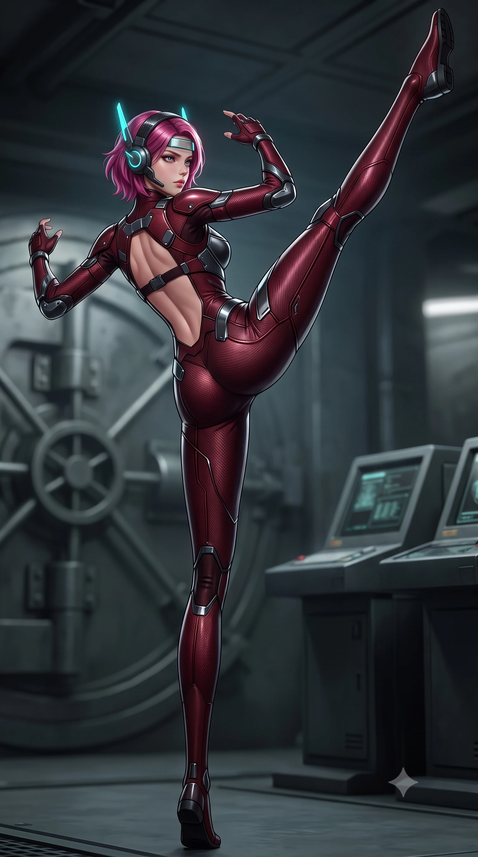 score_9, masterpiece, best quality, ultra-detailed, high-budget anime keyframe, semi-realistic 3D game render, editorial fashion photography, tasteful artistic composition, Caucasian woman. low angle full-body shot from head to toe showing her feet, filling the entire 9:16 vertical frame with her statuesque presence, stretching her vertical silhouette. executing a breathtaking zero-gravity high-kick with full 180-degree vertical extension, her impossibly long slender legs dominating the frame with razor-sharp poise while sliding into the bunker command nexus with arms raised in fluid kinetic readiness, eyes scanning the shadows with lethal focus. The composition keeps background elements in soft focus with creamy bokeh. heavy vault door mechanisms and security terminal consoles softened in moody atmospheric depth. She has an absolutely perfect, statuesque 8.5-heads proportion, an exceptionally tall and slender model-like female figure with impossibly long slender legs, a toned flat midriff, and an ultra-slim waist. sharp v-shaped jawline, high-bridge nose, intricate jewel-like eyes with depth, thick eyelashes, glossy lips with a natural sheen, fierce and resolute heroine expression, flawlessly proportioned anatomical accuracy, strict slender model proportions, natural body alignment, perfectly sculpted long slender limbs, ultra-slim waistline, clean dynamic posture without body distortion. wearing a lightweight carbon-fiber tactical sensory headpiece with glowing cyan ear-antennae and an ultra-thin forehead HUD brow-band, paired with a tailored tactical combat jumpsuit with an open-back harness design, reinforced composite breastplate, and high-mobility elbow dampers in deep battle-scarred crimson carbon weave with specular dark chrome accents, crafted from ultra-strong woven carbon-fiber composite with battle-tested satin luster, complemented by criss-cross back harness straps highlighting her completely bare spine, the precision-cut daring openings accentuating her delicate midriff, graceful bare collarbones, and ultra-slim feminine waistline. illuminated by sharp specular highlights tracing her ultra-slim waist, long legs, and sculpted armor plates. rich saturated anime colors with glowing neon highlights, detailed shading with soft gradients, rich glossy textures, high-contrast stereoscopic depth, volumetric dynamic lighting, master piece, 9:16 ratio