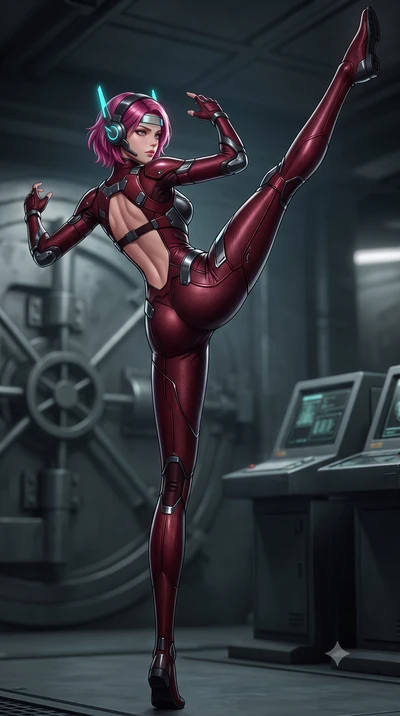 score_9, masterpiece, best quality, ultra-detailed, high-budget anime keyframe, semi-realistic 3D game render, editorial fashion photography, tasteful artistic composition, Caucasian woman. low angle full-body shot from head to toe showing her feet, 