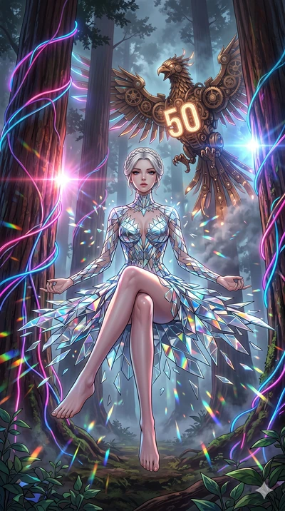 score_9, masterpiece, best quality, ultra-detailed, Set A: High-budget Anime Keyframe, Korean woman. Low angle cowboy shot filling the entire 9:16 frame with her statuesque presence. Theme: Abstract Cosmic. meditating in a giant redwood forest with g