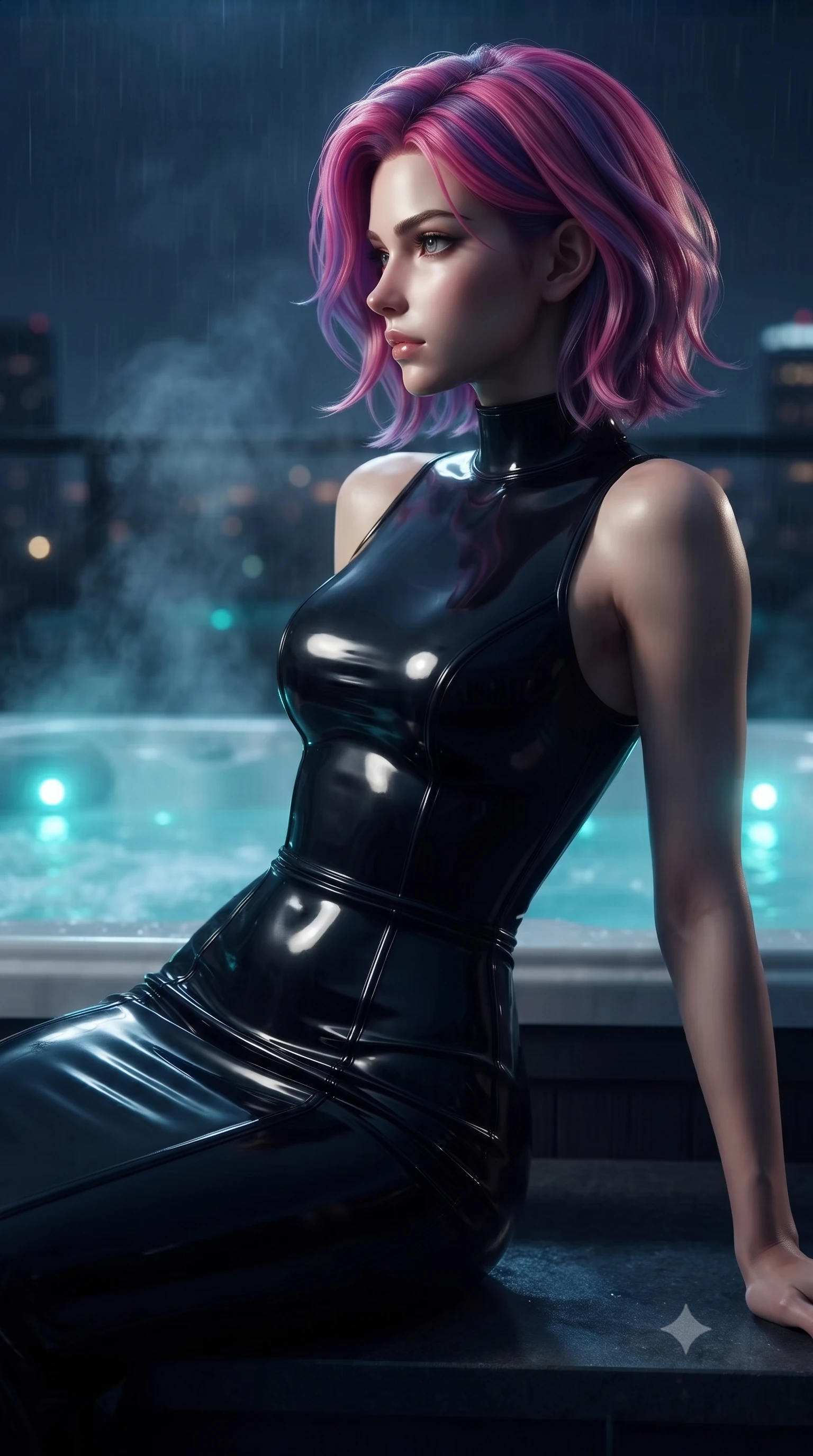 score_9, masterpiece, best quality, ultra-detailed, high-budget anime keyframe, editorial fashion photography, tasteful artistic composition, Caucasian woman. close-up cowboy shot from the waist and thighs up, the character dominates the composition, filling the frame with her large presence, background elements kept in soft focus. Turning her face in sharp dramatic profile against the key light, resting on a dark slate bench as steam rises into the cool nocturnal rain, alluring nocturnal lifestyle composition. She has an exceptionally elegant, slender, and willowy female figure with an ultra-slim waist, a gracefully sculpted slender torso, and a refined silhouette. sharp v-shaped jawline, high-bridge nose, intricate jewel-like eyes with depth, thick eyelashes, glossy lips with a natural sheen. wearing sculpted form-fitting dark velvet column gown in pitch black in pearl white, made of high-gloss liquid vinyl, adorned with minimalist black onyx hardware framing the silhouette, sculpting her athletic slender build with refined precision. illuminated by glowing aqua LED jacuzzi lights and distant city skyglow. ultra-reflective glossy finish, specular highlights, metallic sheen, high-contrast stereoscopic depth, volumetric dynamic lighting, 2k, ultra detail, master piece, 9:16 ratio