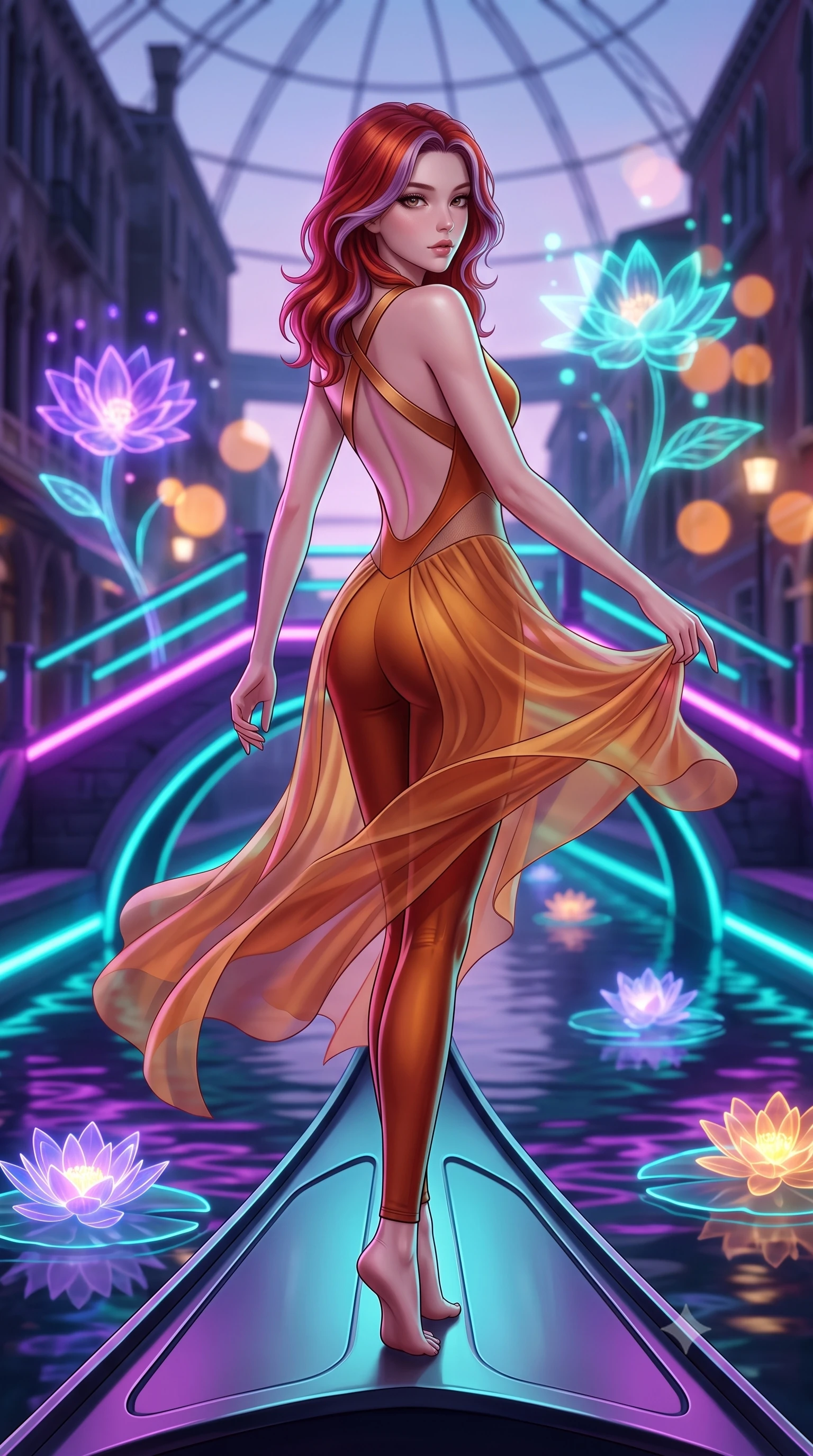 score_9, masterpiece, best quality, ultra-detailed, high-budget anime keyframe, semi-realistic 3D game render, editorial fashion photography, tasteful artistic composition, Caucasian woman. low angle full-body shot from head to toe showing her feet, filling the entire 9:16 vertical frame with her statuesque presence, stretching her vertical silhouette. executing an elegant mid-motion pivot turn as garments swirl around her slender limbs, glancing over her shoulder with an intoxicating bedroom-gaze while standing on the sleek composite prow of an electric hydrofoil gondola, arching her back as neon-lit bridges and holographic water lilies glide past. The composition keeps background elements in soft focus with creamy bokeh. illuminated gothic canal facades and glowing holographic floral projections blurred into electric violet, turquoise, and amber bokeh. She has an exceptionally tall and slender model-like 8.5-heads proportion, an ultra-slim waist, a flat toned midriff, narrow delicate ribcage, and beautifully sculpted feminine hips creating a graceful, slim hourglass silhouette without any bulky heaviness, with impossibly long slender legs. sharp v-shaped jawline, high-bridge nose, intricate jewel-like eyes with depth, thick eyelashes, glossy parted lips with a natural sheen, intensely captivating and seductive bedroom-eyes expression, flawlessly proportioned anatomical accuracy, strict slender model proportions, natural body alignment, perfectly sculpted long slender limbs, ultra-slim waistline, clean dynamic posture without body distortion. wearing a second-skin compression catsuit with an open back and sheer mesh side waist contouring in molten desert gold and burnt terracotta, woven from layered gossamer chiffon with a weightless sweeping drape, finished with criss-cross back satin straps highlighting her graceful shoulder blades, the dramatically scooped open back descending to the base of her spine, accentuating her razor-sharp statuesque lines and slim hourglass silhouette. bathed in rich neon violet and turquoise canal edge lights contrasting with soft ambient dome twilight. highly saturated vibrant anime colors, detailed shading with soft gradients, rich glossy textures, high-contrast stereoscopic depth, volumetric dynamic lighting, master piece, 9:16 ratio