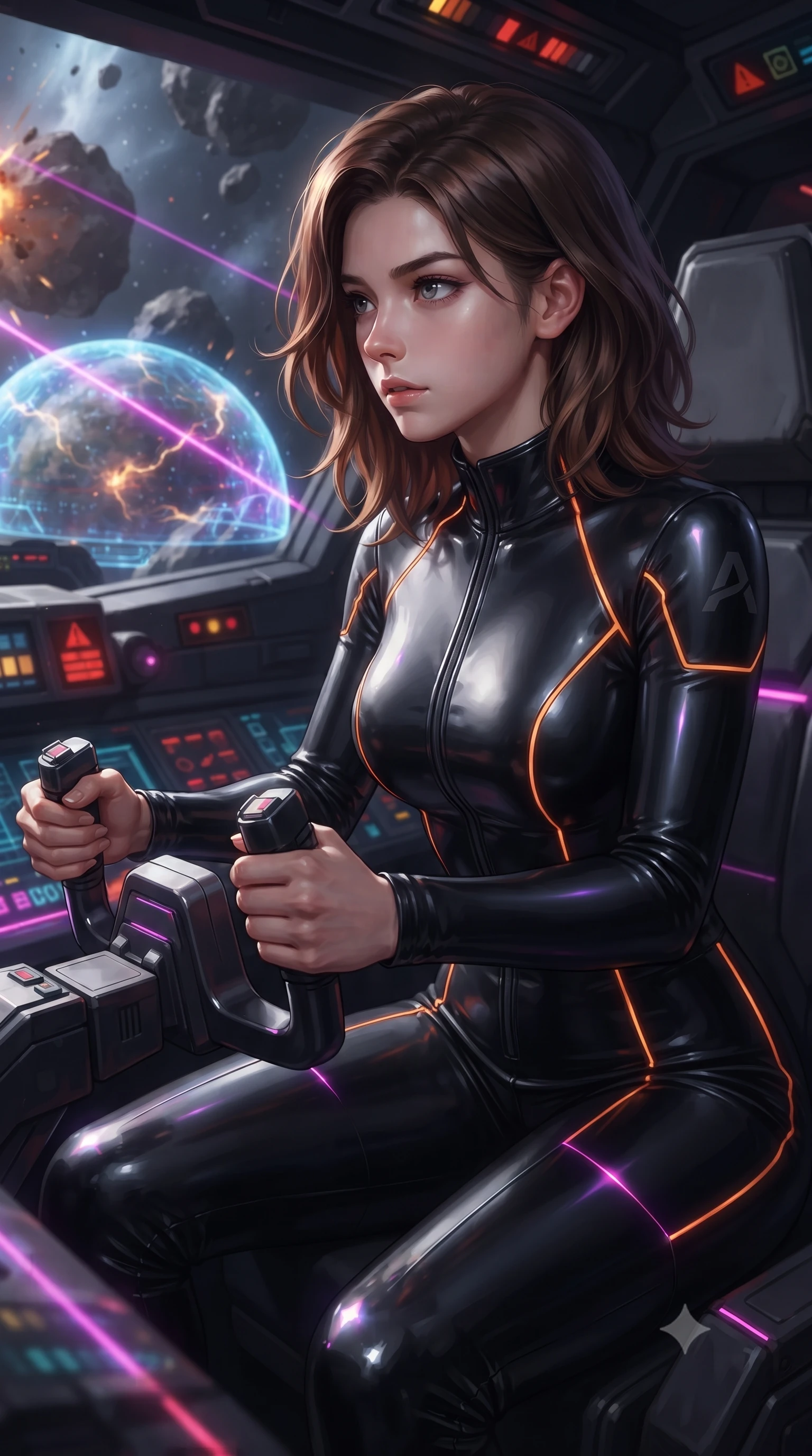 score_9, masterpiece, best quality, ultra-detailed, high-budget anime keyframe, editorial fashion photography, tasteful artistic composition, realistic cosplay photography, Korean woman. close-up cowboy shot from the waist and thighs up, the character dominates the composition, filling the frame with her large presence, background elements kept in soft focus. Piloting a starfighter through a tight asteroid gap, hands tight on the flight yoke, looking sharply left. set against a soft-focus background of a secure bunker containing the controls for a planetary shield, a holographic projection of the shield dome flickering. She has an exceptionally elegant and slender, willowy female figure with an ultra-slim waist, a gracefully sculpted slender torso, and a refined slim physique. sharp v-shaped jawline, high-bridge nose, intricate jewel-like eyes with depth, thick eyelashes, glossy lips with a natural sheen. wearing catching and diffusing the glowing particles, shimmering softly in response to the surrounding light, a body-hugging body-hugging tactical spy suit in matte black latex-effect material, featuring a high collar and orange neon line accents. laser lines of violet and hot pink reflecting off surfaces casting geometric neon highlights. ultra-reflective glossy finish, specular highlights, metallic sheen, high-contrast stereoscopic depth, volumetric dynamic lighting, 2k, ultra detail, master piece, 9:16 ratio