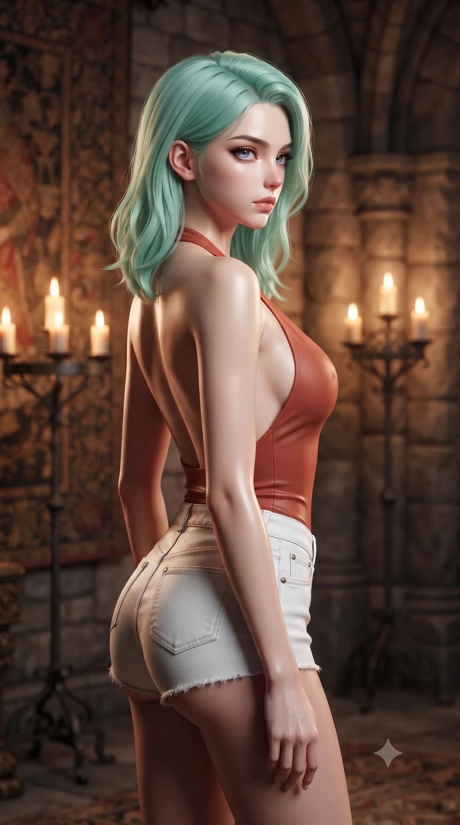 score_9, masterpiece, best quality, ultra-detailed, high-budget anime keyframe, editorial fashion photography, tasteful artistic composition, Japanese woman woman. close-up cowboy shot from the waist and thighs up, the character dominates the composition, filling the frame with her large presence, background elements kept in soft focus. turning her face in sharp profile, casting a cold, mysterious, yet intensely alluring side gaze, the background shows a soft-focus an old stone castle chamber with tapestries and candle stands. She has an exceptionally elegant, slender, and willowy female figure with an ultra-slim waist, a gracefully sculpted slender torso, and a refined silhouette. sharp v-shaped jawline, high-bridge nose, intricate jewel-like eyes with depth, thick eyelashes, glossy lips with a natural sheen. wearing a form-contouring backless halter top in terracotta red, paired with white denim micro-shorts. warm flickering candle lights casting dramatic shadows on the stone walls. ultra-reflective glossy finish, specular highlights, metallic sheen, high-contrast stereoscopic depth, volumetric dynamic lighting, 2k, ultra detail, master piece, 9:16 ratio
