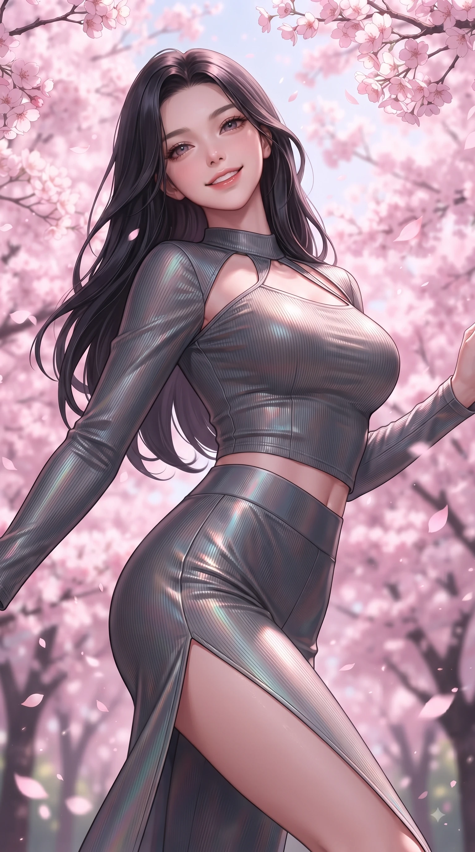 score_9, masterpiece, best quality, ultra-detailed, high-budget anime keyframe, editorial fashion photography, tasteful artistic composition, Korean woman. close-up cowboy shot from the waist and thighs up, the character dominates the composition, filling the frame with her large presence, background elements kept in soft focus. Tilting her chin up with a sweet beaming smile of pure delight while balancing dynamically amidst the scene while pivoting dynamically with a bright cute smile as pink sakura petals rain down like snow, dense canopies of pink cherry blossoms fluttering in a gentle spring morning breeze. She has an exceptionally elegant, slender, and willowy female figure with an ultra-slim waist, a gracefully sculpted slender torso, and a refined silhouette. sharp v-shaped jawline, high-bridge nose, intricate jewel-like eyes with depth, thick eyelashes, glossy lips with a natural sheen, flawlessly proportioned anatomical accuracy, natural body alignment, perfectly sculpted elegant limbs, clean dynamic posture without body distortion. wearing a form-fitting ribbed activewear set with elegant collar cutouts in charcoal grey and platinum, crafted from iridescent chiffon that shifts colors in the light, finished with a sleek side slit ascending to mid-thigh, the form-contouring material highlighting her ultra-slim waist and long lines. illuminated by soft glowing pink ambient light and clear sky refractions. ultra-reflective glossy finish, specular highlights, metallic sheen, high-contrast stereoscopic depth, volumetric dynamic lighting, 2k, ultra detail, master piece, 9:16 ratio
