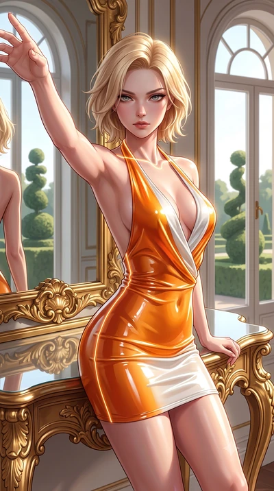 score_9, masterpiece, best quality, ultra-detailed, high-budget anime keyframe, semi-realistic 3D game render, editorial fashion photography, tasteful artistic composition, Caucasian woman. close-up cowboy shot from the waist and thighs up, the chara