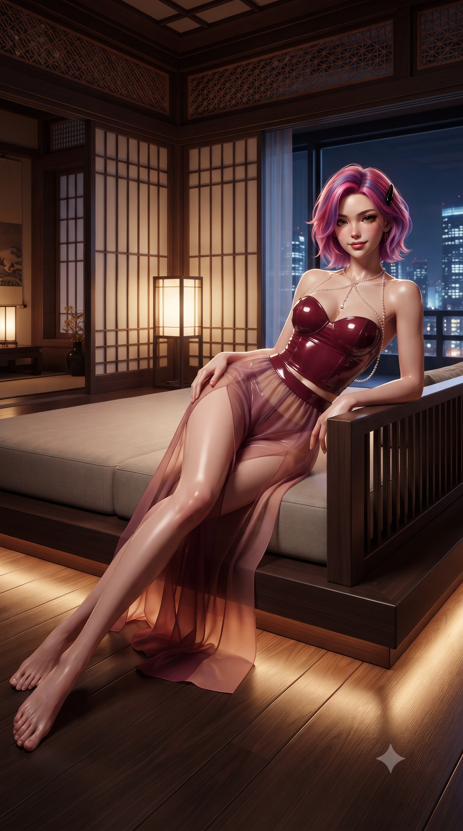 score_9, masterpiece, best quality, ultra-detailed, high-budget anime keyframe, editorial fashion photography, tasteful artistic composition, Caucasian woman. low angle full-body shot from head to toe showing her feet, filling the entire 9:16 vertical frame with her statuesque presence, stretching her vertical silhouette. leaning deep against the balcony balustrade with hips cocked back in an unapologetically alluring high-fashion stance, casting an intoxicating glance while reclining sideways across the low platform daybed with legs extended, resting on one forearm with sovereign femme fatale charisma. The surrounding environment is rendered in vivid detail and crisp panoramic clarity: detailed form-fitting modern cheongsam-cut silk mini dress tailoring, obsidian hair clip gleam, and Japanese luxury interior design in razor-sharp precision. She has an absolutely perfect, statuesque 8.5-heads proportion, an exceptionally tall and slender model-like female figure with impossibly long slender legs, an ultra-slim waist, a flat toned midriff, narrow delicate ribcage, and beautifully sculpted feminine hips creating a graceful, slim hourglass silhouette without any bulky heaviness. sharp v-shaped jawline, high-bridge nose, sparkling eyes with hypnotic seductive depth, thick curled eyelashes, glossy parted lips with a natural dewy peach sheen, alluring bedroom-eyes with an enchanting coquettish smile, exuding magnetic siren charisma and sophisticated glamour, flawlessly proportioned anatomical accuracy, strict slender model proportions, natural body alignment, perfectly sculpted long slender limbs, ultra-slim waistline, clean dynamic posture without body distortion. wearing a wet-look form-fitting vinyl bustier paired with sheer chiffon high-slit wide-leg trousers in smoldering Chianti crimson wine and deep rose-gold, crafted from wet-look high-gloss vinyl fabric with dazzling specular surface reflections, accented with a pearl-drop body harness subtly framing her dewy collarbones and spine, the second-skin tailored fabric adhering flawlessly to her sculpted flat midriff and slender torso, emphasizing her long leg lines and perfectly proportioned willowy build. bathed in dramatic low-level warm 3000K floor wash lights mixed with distant blue-and-white city skyline ambient fill. ultra-reflective glossy finish, specular highlights, rich textural contrasts, high-contrast stereoscopic depth, volumetric dynamic lighting, 2k, ultra detail, master piece, 9:16 ratio