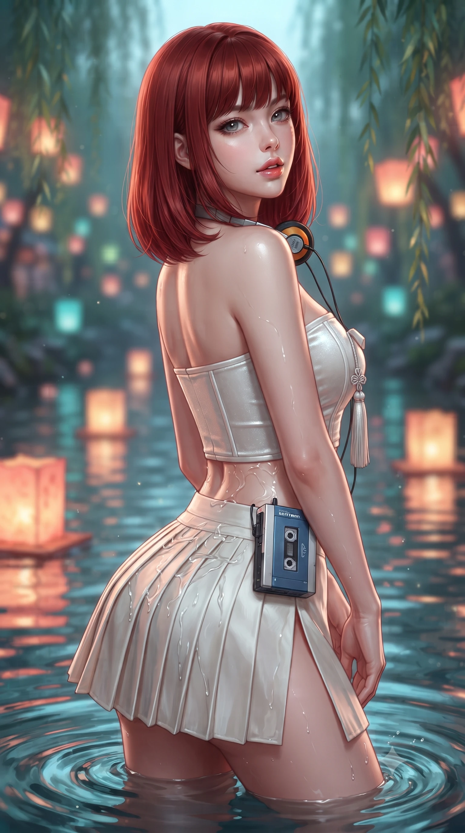 score_9, masterpiece, best quality, ultra-detailed, high-budget anime keyframe, editorial fashion photography, tasteful artistic composition, Caucasian woman. close-up cowboy shot from the waist and thighs up, the character dominates the composition, filling the frame with her large presence. posing in an alluring rear three-quarter angle, looking over a bare shoulder with parted glossy lips, her hips cocked back to highlight her slim hourglass curve while twisting her slender torso in an alluring S-curve, water rippling below casting liquid reflections over her flat midriff and hips. The background shows a soft-focus floating paper lantern lights on the stream and weeping willows blurred into coral, gold, and aquamarine bokeh. She has an exceptionally elegant, slender, and willowy female figure with an ultra-slim waist, flat toned midriff, narrow ribcage, and sculpted feminine hips creating an alluring, slim hourglass silhouette without bulk. sharp v-shaped jawline, high-bridge nose, sparkling eyes with hypnotic seductive depth, thick curled eyelashes, glossy parted lips with a natural dewy peach sheen, alluring bedroom-eyes with an enchanting coquettish smile, exuding magnetic siren charisma and sophisticated glamour, flawlessly proportioned anatomical accuracy, strict slender model proportions, natural body alignment, perfectly sculpted long slender limbs, ultra-slim waistline, clean dynamic posture without body distortion. wearing a modern strapless boned hanbok bustier with traditional norigae tassel accents paired with a micro-pleated silk mini skirt in pure pearl alabaster with platinum sheen, tailored from ultra-plush velvet with rich tactile depth and deep shadow gradients, complemented by a retro cassette walkman with vintage foam-padded orange headphones, the high-slit wrap tailoring accentuating her ultra-slim waistline and the enchanting curve of her feminine hips with alluring seductive charm. illuminated by aquatic reflection bounce and sharp silvery rim lighting defining her razor-sharp jawline, narrow waist, and curvy hips. ultra-reflective glossy finish, specular highlights, rich textural contrasts, high-contrast stereoscopic depth, volumetric dynamic lighting, 2k, ultra detail, master piece, 9:16 ratio