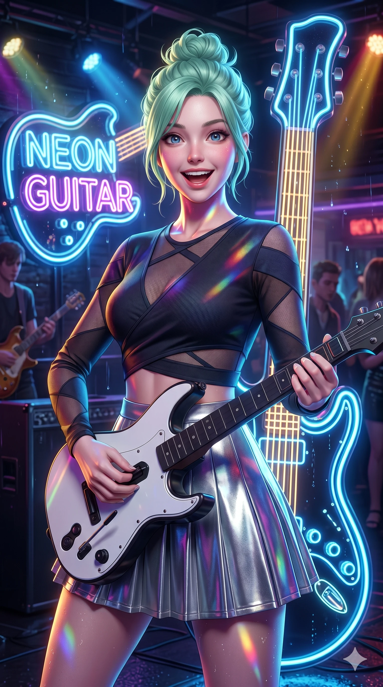 score_9, masterpiece, best quality, ultra-detailed, high-budget anime keyframe, semi-realistic 3D game render, Japanese woman. Upper body close-up from the thighs up, character filling the screen for maximum presence. Standing next to a retro neon guitar sign in a music club, holding a wireless guitar controller with a happy, excited expression. She is wearing a cropped wrap top with sheer panels, paired with a metallic skirt. The scene is lit by flashing stage lights and the blue glow of the guitar sign. 2k, ultra detail, master piece, 9:16 ratio