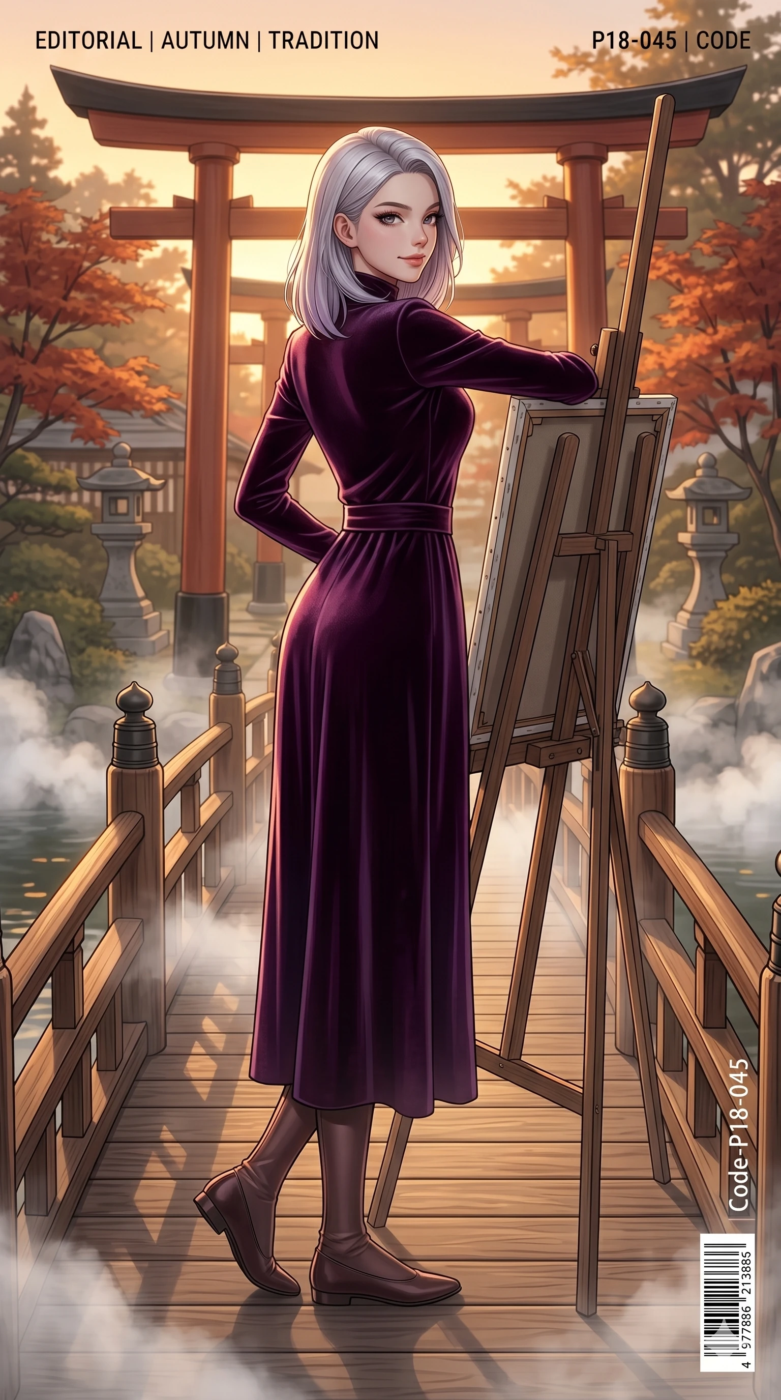 score_9, masterpiece, best quality, ultra-detailed, high-budget anime keyframe, editorial fashion photography, tasteful artistic composition, Caucasian woman, strictly human ears. low angle full-body shot from head to toe showing her feet, filling the entire 9:16 vertical frame with her statuesque presence, stretching her vertical silhouette. leaning against an easel, looking over her shoulder with a magnetic, teasing half-smile on a wooden bridge in a traditional Japanese garden with rising white mist (Code-P18-045). She has an absolutely perfect 8-heads proportion, an exceptionally tall and slender female figure with impossibly long slender legs and an ultra-slim waist. V-shaped jawline, high-bridge nose, intricate jewel-like eyes with depth, thick eyelashes, glossy lips with a natural sheen. wearing a long-sleeved high-neck velvet dress with a matching belt. bathed in warm golden hour sunset light, tracing the sleek contours of her athletic build. 2k, ultra detail, master piece, 9:16 ratio