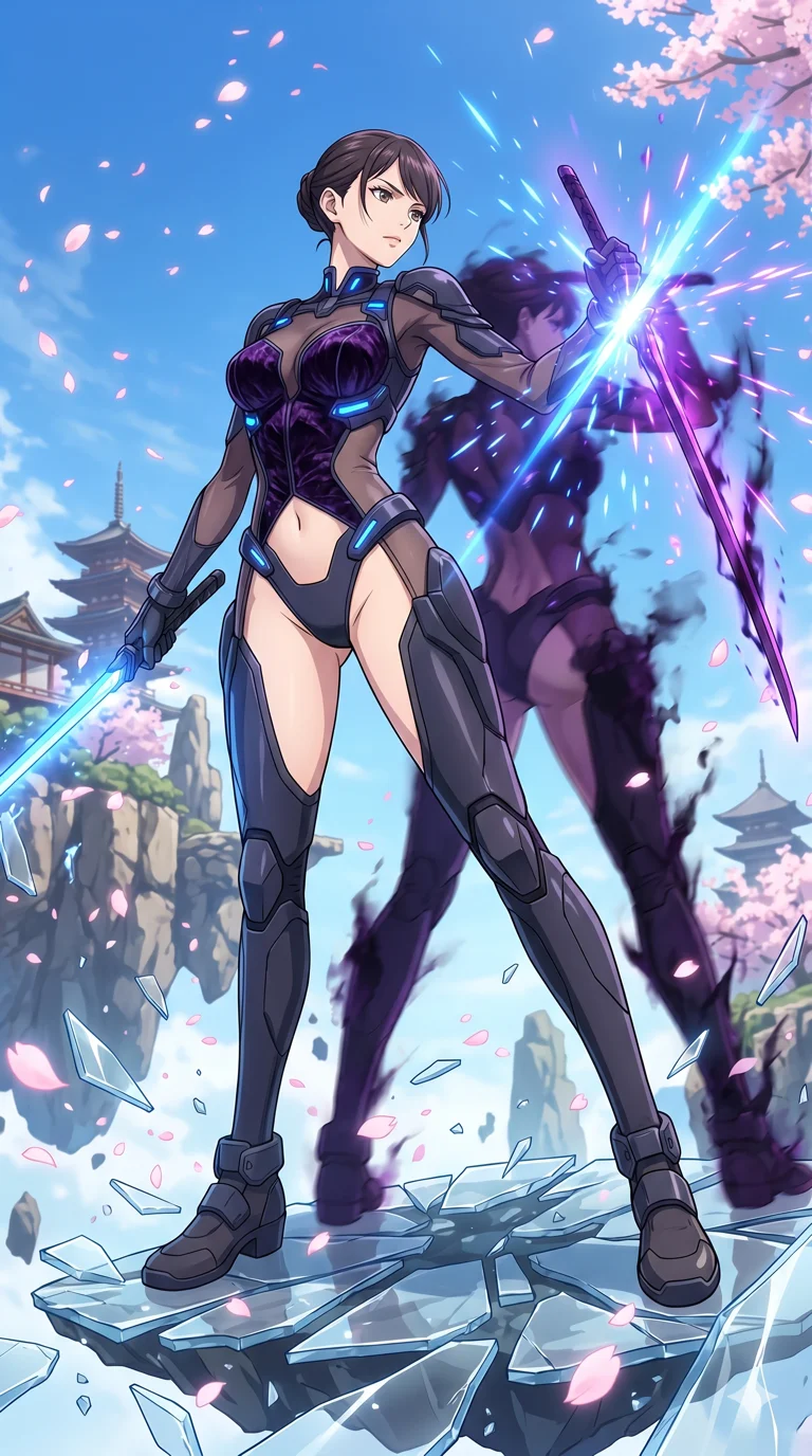 score_9, masterpiece, best quality, ultra-detailed, High-budget Anime Keyframe, vibrant colors, fluid line-art, expressive lighting, cinematic composition, Ufotable-style visual effects, top-tier animation quality, Japanese woman with delicate and elegant anime-inspired features. Dramatic low angle looking up at her majestic stature, dominating the vertical space of the composition. Engaging in a fierce duel with a shadowy mirror version of herself on a platform of floating glass shards. She has an absolutely perfect 8-heads proportion, an exceptionally tall and slender female figure with impossibly long slender legs and an ultra-slim waist, her statuesque height and towering silhouette dominating the vertical 9:16 frame. Her face is a masterpiece featuring a sharp v-shaped jawline, high-bridge nose, intricate jewel-like eyes with depth, thick eyelashes, and glossy lips with a natural sheen. She is wearing a Futuristic pilot suit with an exposed midriff and a high-cut structural frame crafted from Crushed dark velvet with a deep, rich texture that absorbs light and glows at the edges, with sheer fabric transparency over her delicate curves and a high-cut silhouette. The scene is set in an ancient floating island with pink cherry blossoms falling like snow against a blue sky, illuminated by intense energy flares from her powers illuminating the scene with brilliant light. 2k, ultra detail, master piece, 9:16 ratio