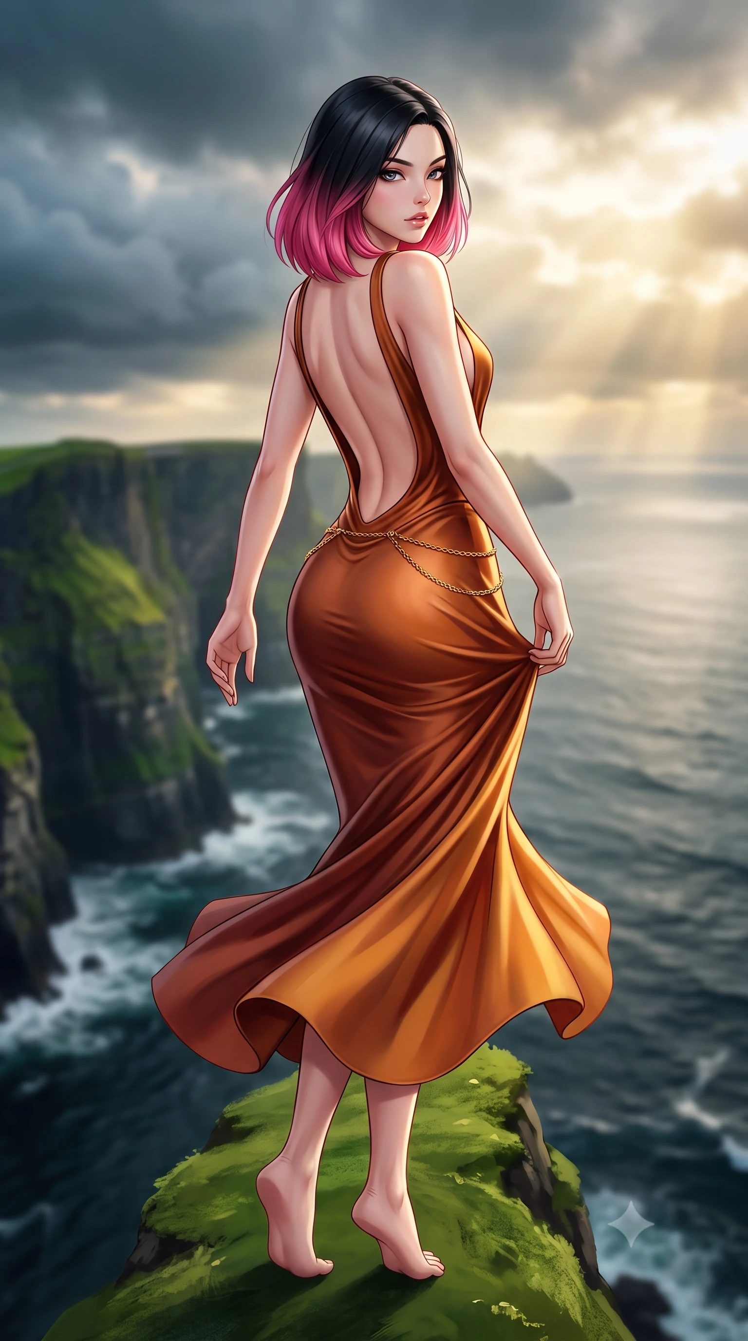 score_9, masterpiece, best quality, ultra-detailed, high-budget anime keyframe, semi-realistic 3D game render, editorial fashion photography, tasteful artistic composition, Korean woman. low angle full-body shot from head to toe showing her feet, filling the entire 9:16 vertical frame with her statuesque presence, stretching her vertical silhouette. executing an elegant mid-motion pivot turn as garments swirl around her slender limbs, glancing over her shoulder with an intoxicating bedroom-gaze while standing on the narrow emerald ridge high above the North Atlantic, arching her back as dramatic Nordic storm clouds break into golden sunbeams. The composition keeps background elements in soft focus with creamy bokeh. sheer vertical green sea cliffs and crashing dark ocean breakers blurred into moody emerald, slate, and golden sunbeam bokeh. She has an exceptionally tall and slender model-like 8.5-heads proportion, an ultra-slim waist, a flat toned midriff, narrow delicate ribcage, and beautifully sculpted feminine hips creating a graceful, slim hourglass silhouette without any bulky heaviness, with impossibly long slender legs. sharp v-shaped jawline, high-bridge nose, intricate jewel-like eyes with depth, thick eyelashes, glossy parted lips with a natural sheen, intensely captivating and seductive bedroom-eyes expression, flawlessly proportioned anatomical accuracy, strict slender model proportions, natural body alignment, perfectly sculpted long slender limbs, ultra-slim waistline, clean dynamic posture without body distortion. wearing a liquid-silk jersey evening gown with an ultra-deep plunging open back descending to the base of her spine and a sculpted hip-hugging skirt in rich copper bronze and warm amber, made of fluid silk crepe with delicate inner corsetry boning, accented with a delicate gold chain belt resting loosely on her curvy hips, the dramatically scooped open back descending to the base of her spine, accentuating her razor-sharp statuesque lines and slim hourglass silhouette. illuminated by crisp oceanic ambient light contouring her razor-sharp jawline, narrow waist, and curvy hips. highly saturated vibrant anime colors, detailed shading with soft gradients, rich glossy textures, high-contrast stereoscopic depth, volumetric dynamic lighting, master piece, 9:16 ratio