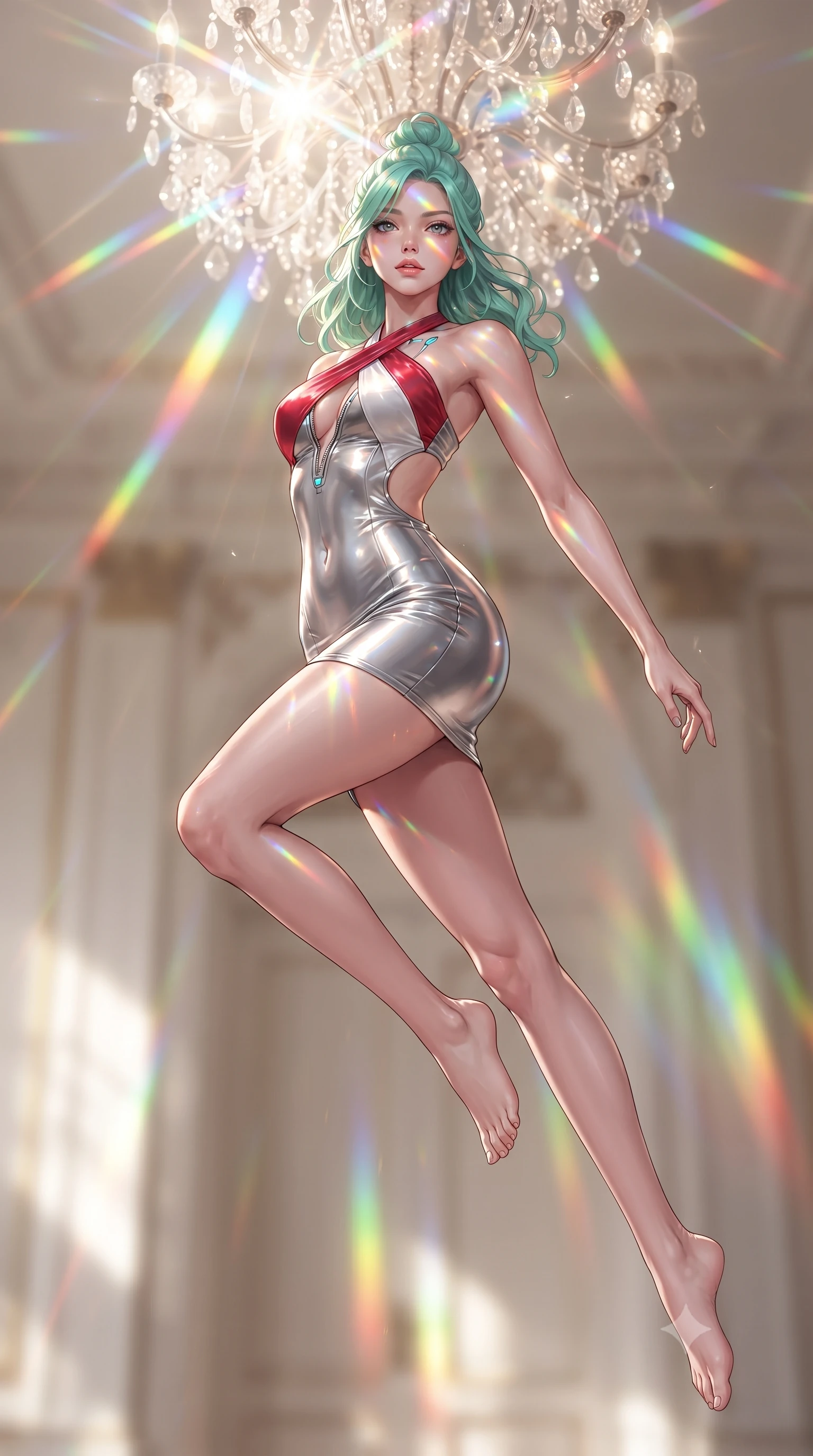 score_9, masterpiece, best quality, ultra-detailed, high-budget anime keyframe, editorial fashion photography, tasteful artistic composition, Japanese woman. low angle full-body shot from head to toe showing her feet, filling the entire 9:16 vertical frame with her statuesque presence, stretching her vertical silhouette. leaping through mid-air with an athletic yet alluring arch of her spine, her impossibly long slender legs stretched in flawless poise while pausing beneath a crystal chandelier refracting sunlight into dazzling rainbow rays across her skin. The composition keeps background elements in soft focus with creamy bokeh. bright multi-colored light refractions creating a glowing, spectrum-lit backdrop. She has an absolutely perfect, statuesque 8.5-heads proportion, an exceptionally tall and slender model-like female figure with impossibly long slender legs, a toned flat midriff, and an ultra-slim waist. sharp v-shaped jawline, high-bridge nose, intricate jewel-like eyes with depth, thick eyelashes, glossy lips with a natural sheen, flawlessly proportioned anatomical accuracy, strict slender model proportions, natural body alignment, perfectly sculpted long slender limbs, ultra-slim waistline, clean dynamic posture without body distortion. wearing a molten silver liquid-metal mini dress featuring deep side-waist cutouts and a daring crossover halter neckline in radiant crimson silk and crisp snow white, made of liquid metal jersey that clings flawlessly to every contour of her build, featuring a dangerously unzipped neckline framed by glowing cybernetic accents, the form-contouring material adhering flawlessly to her sculpted flat midriff and slender torso, emphasizing her long leg lines and perfectly proportioned willowy build. surrounded by a hyper-creative, radiant, and fiercely chic modern fashion editorial aura. ultra-reflective glossy finish, specular highlights, metallic sheen, high-contrast stereoscopic depth, volumetric dynamic lighting, 2k, ultra detail, master piece, 9:16 ratio