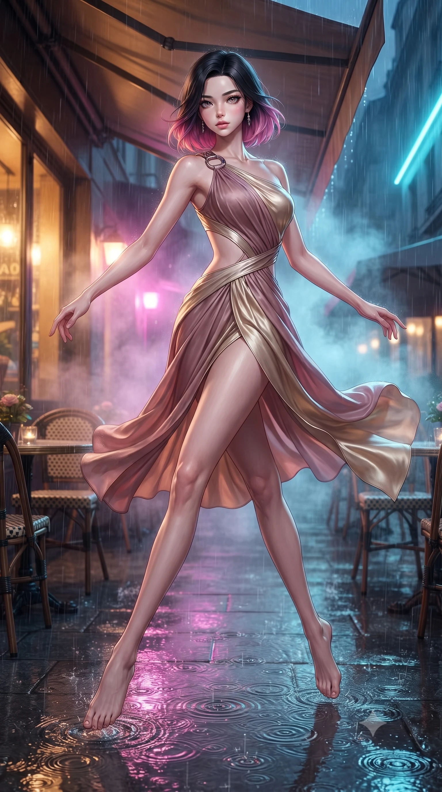 score_9, masterpiece, best quality, ultra-detailed, high-budget anime keyframe, editorial fashion photography, tasteful artistic composition, Korean woman. low angle full-body shot from head to toe showing her feet, filling the entire 9:16 vertical frame with her statuesque presence, stretching her vertical silhouette. leaping gracefully through the environment with statuesque elegance and long slender legs resting on a covered outdoor café terrace as rain drops create ripples nearby, soft mist scattering vibrant magenta and cyan neon rim light around her form. She has an absolutely perfect, statuesque 8.5-heads proportion, an exceptionally tall and slender model-like female figure with impossibly long slender legs and an ultra-slim waist. sharp v-shaped jawline, high-bridge nose, intricate jewel-like eyes with depth, thick eyelashes, glossy lips with a natural sheen. wearing an asymmetrical Grecian draped chiffon gown with a metallic shoulder ring in dusty rose and champagne gold, crafted from smooth liquid silk, featuring clean architectural cutouts along her slender torso, the sleek second-skin texture accentuating her magnetic presence. illuminated by warm indoor golden amber light and cool rainy blue neon rim light. ultra-reflective glossy finish, specular highlights, metallic sheen, high-contrast stereoscopic depth, volumetric dynamic lighting, 2k, ultra detail, master piece, 9:16 ratio