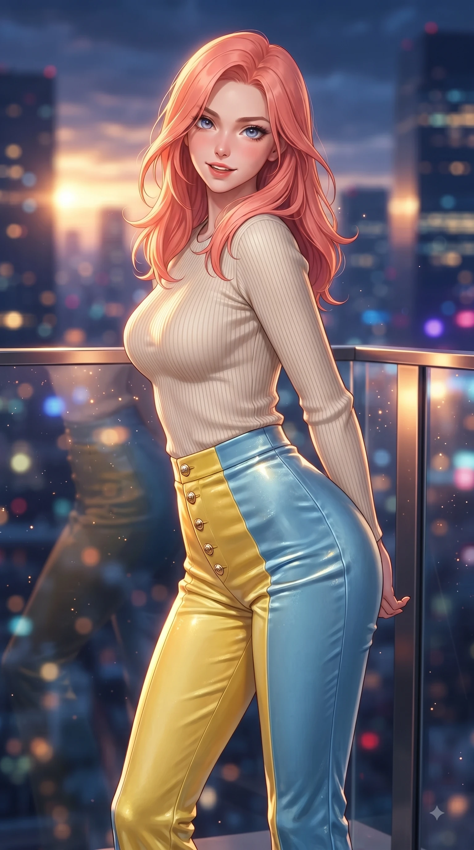 score_9, masterpiece, best quality, ultra-detailed, high-budget anime keyframe, editorial fashion photography, tasteful artistic composition, Japanese woman. close-up cowboy shot from the waist and thighs up, the character dominates the composition, filling the frame with her large presence. Playful cute expression with a warm smile and parted lips, looking right into the camera with vibrant energy while pivoting dynamically near a glass railing with city skyscraper outlines behind her. The composition keeps background elements in soft focus with dreamy bokeh. metropolitan skyline outlines blurred into a dramatic evening backdrop. She has an exceptionally elegant, slender, and willowy female figure with an ultra-slim waist, a gracefully sculpted slender torso, and a refined silhouette. sharp v-shaped jawline, high-bridge nose, intricate jewel-like eyes with depth, thick eyelashes, glossy lips with a natural sheen, flawlessly proportioned anatomical accuracy, natural body alignment, perfectly sculpted elegant limbs, clean dynamic posture without body distortion. wearing a form-contouring ribbed knit top paired with high-waisted tailored stretch trousers in sunny canary yellow and clear sky blue, made of lustrous stretch velvet, adorned with delicate gold buttons along the front, the tailored fabric tightly following every curve of her athletic build. bathed in dramatic golden hour sunset glow and vibrant urban night lights. ultra-reflective glossy finish, specular highlights, metallic sheen, high-contrast stereoscopic depth, volumetric dynamic lighting, 2k, ultra detail, master piece, 9:16 ratio