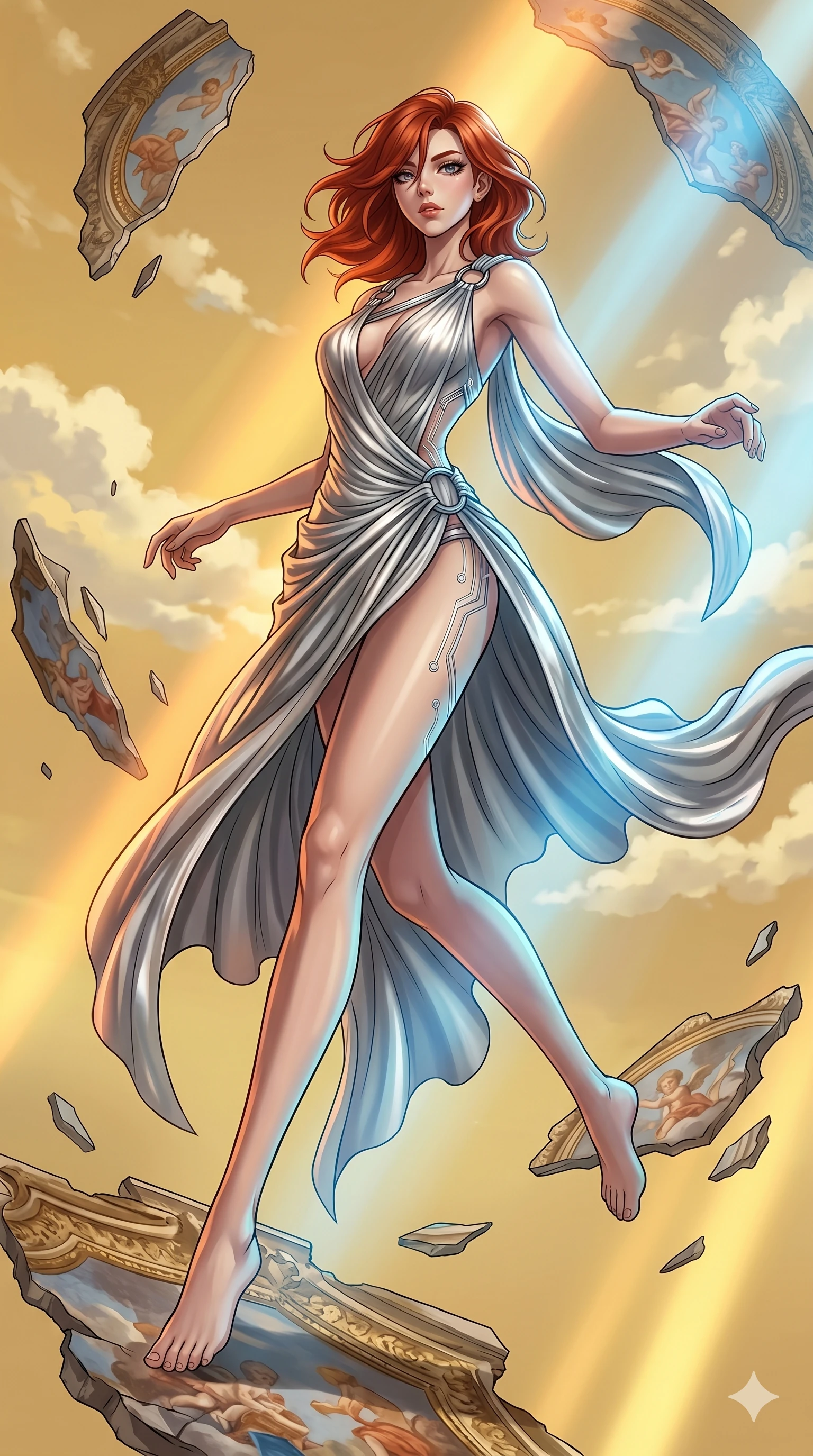 score_9, masterpiece, best quality, ultra-detailed, high-budget anime keyframe, Caucasian woman, strictly human ears. low angle full-body shot filling the entire 9:16 frame with her statuesque presence, stretching the vertical silhouette. propelling herself off digital baroque ceiling fresco shards that float and reassemble in a golden sky. She has an absolutely perfect 8-heads proportion, an exceptionally tall and slender female figure with impossibly long slender legs and an ultra-slim waist. V-shaped jawline, high-bridge nose, intricate jewel-like eyes with depth, thick eyelashes, glossy lips with a natural sheen.. wearing a draped Grecian cyber-gown, featuring draped silver metallic chiffon held by metal ring hardware, displaying a high-leg line. accented by dynamic color-blocked lighting with high-contrast shadows emphasizing her statuesque height. 2k, ultra detail, master piece, 9:16 ratio