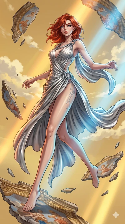 score_9, masterpiece, best quality, ultra-detailed, high-budget anime keyframe, Caucasian woman, strictly human ears. low angle full-body shot filling the entire 9:16 frame with her statuesque presence, stretching the vertical silhouette. propelling 