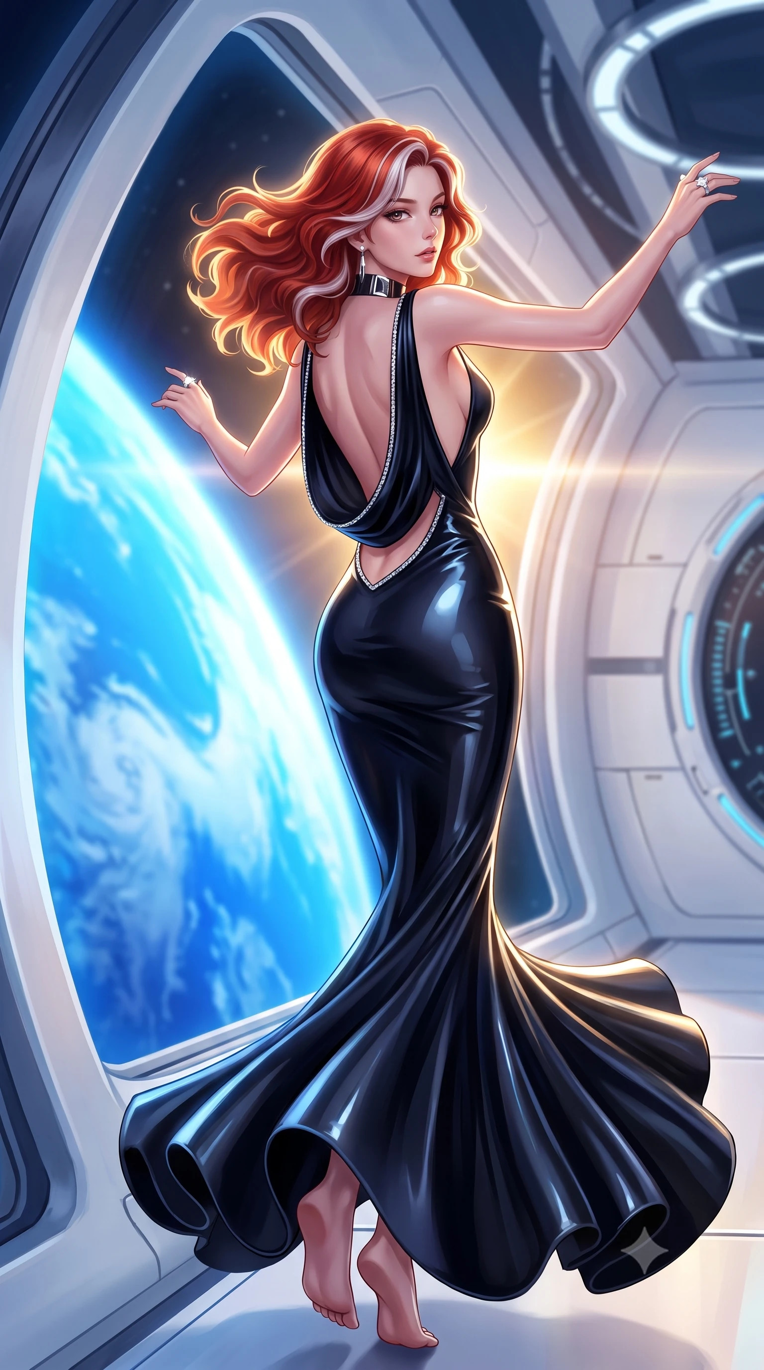 score_9, masterpiece, best quality, ultra-detailed, high-budget anime keyframe, semi-realistic 3D game render, editorial fashion photography, tasteful artistic composition, Caucasian woman. low angle full-body shot from head to toe showing her feet, filling the entire 9:16 vertical frame with her statuesque presence, stretching her vertical silhouette. executing an elegant mid-motion pivot turn as garments swirl around her slender limbs, glancing over her shoulder with an intoxicating bedroom-gaze while leaning forward against the massive curved panoramic viewport overlooking the brilliant blue curve of Earth, hips cocked back in an intoxicating zero-gravity posture. The composition keeps background elements in soft focus with creamy bokeh. sleek white space station bulkheads and glowing telemetry rings softened in futuristic shallow focus. She has an exceptionally tall and slender model-like 8.5-heads proportion, an ultra-slim waist, a flat toned midriff, narrow delicate ribcage, and beautifully sculpted feminine hips creating a graceful, slim hourglass silhouette without any bulky heaviness, with impossibly long slender legs. sharp v-shaped jawline, high-bridge nose, intricate jewel-like eyes with depth, thick eyelashes, glossy parted lips with a natural sheen, intensely captivating and seductive bedroom-eyes expression, flawlessly proportioned anatomical accuracy, strict slender model proportions, natural body alignment, perfectly sculpted long slender limbs, ultra-slim waistline, clean dynamic posture without body distortion. wearing a sculptured liquid-satin mermaid gown with an ultra-deep cowl back descending to the base of her spine in pitch-black velvet with diamond crystal trim, tailored from second-skin aerodynamic stretch vinyl with specular wet sheen, complemented by a bold geometric choker and sparkling cocktail ring, the dramatically scooped open back descending to the base of her spine, accentuating her razor-sharp statuesque lines and slim hourglass silhouette. bathed in radiant golden orbital sunrise backlighting and ambient cool blue Earth glow from below. highly saturated vibrant anime colors, detailed shading with soft gradients, rich glossy textures, high-contrast stereoscopic depth, volumetric dynamic lighting, master piece, 9:16 ratio